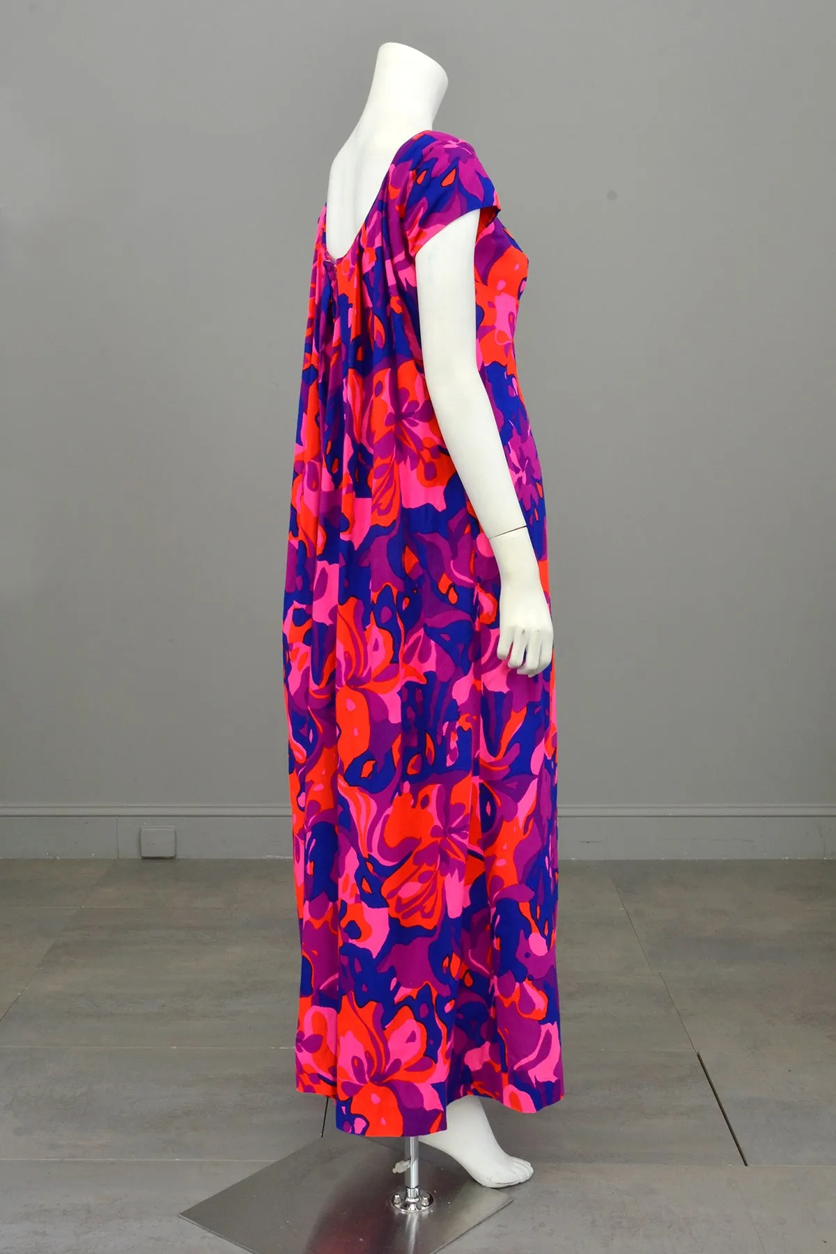 1960s 70s Bright Neon Pink Purple Babydoll Maxi Dress with Draped Back | Hawaiian Dress