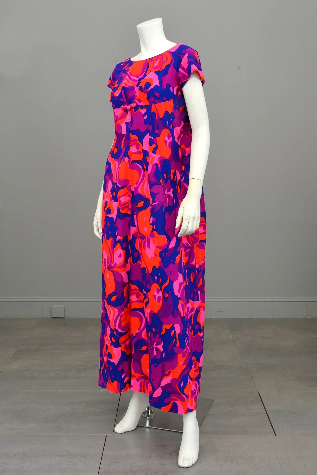 1960s 70s Bright Neon Pink Purple Babydoll Maxi Dress with Draped Back | Hawaiian Dress