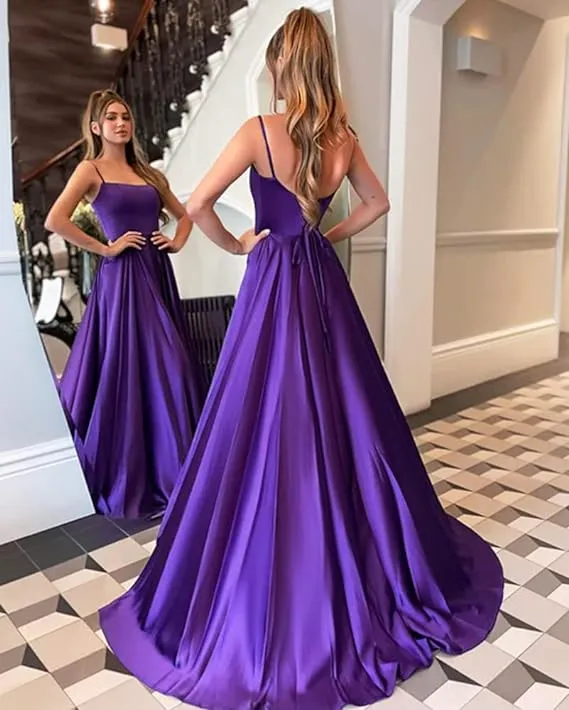 A-line Satin Scoop Neck Long Prom Dress Straps Formal Dress   fg4066