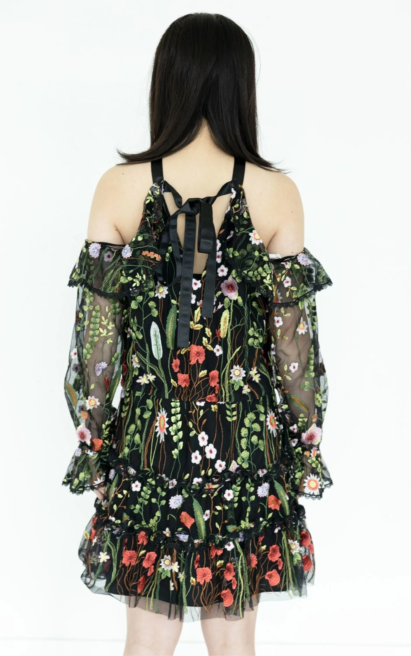 ALEXIS Floral Embroidered Open Shoulders Mini Dress