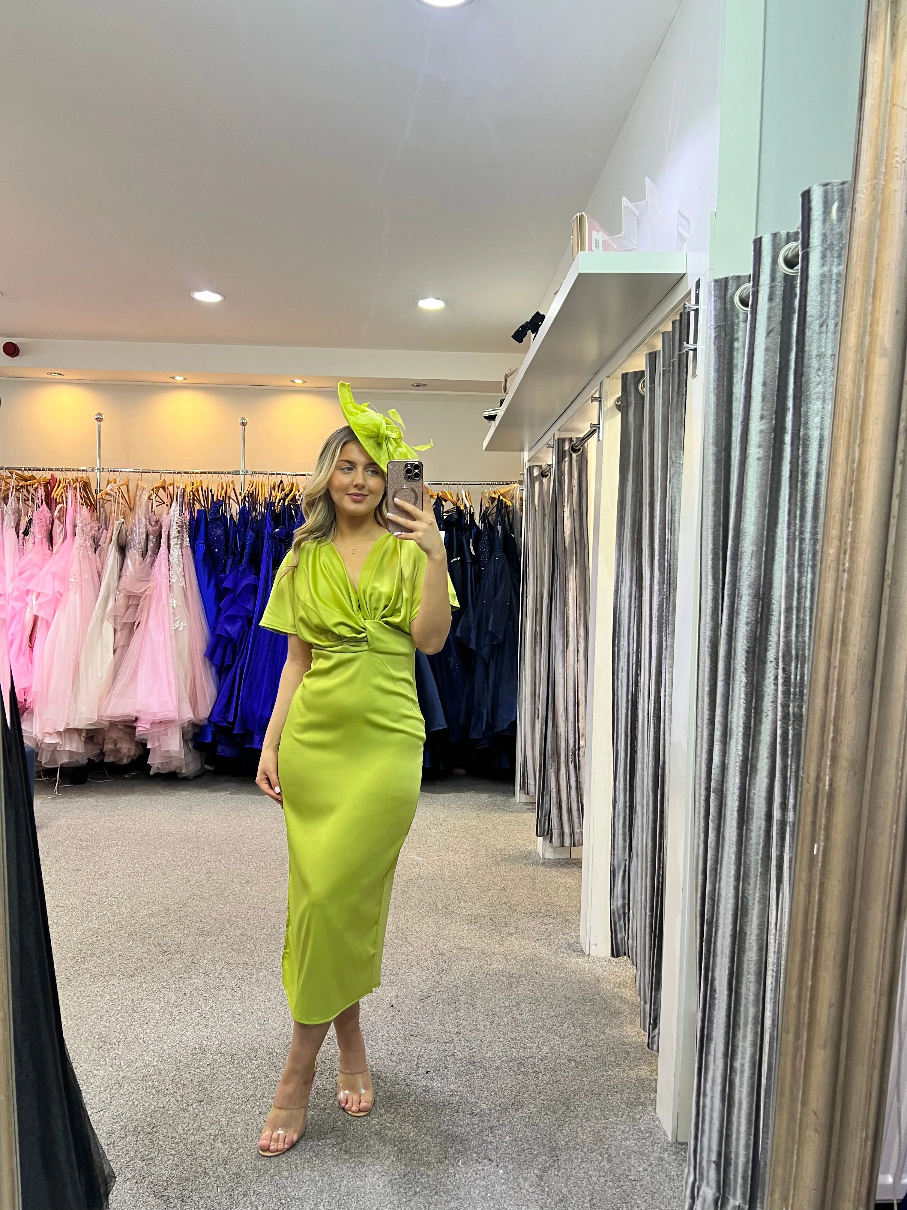 Angel sleeve satin twist midi dress in lime green