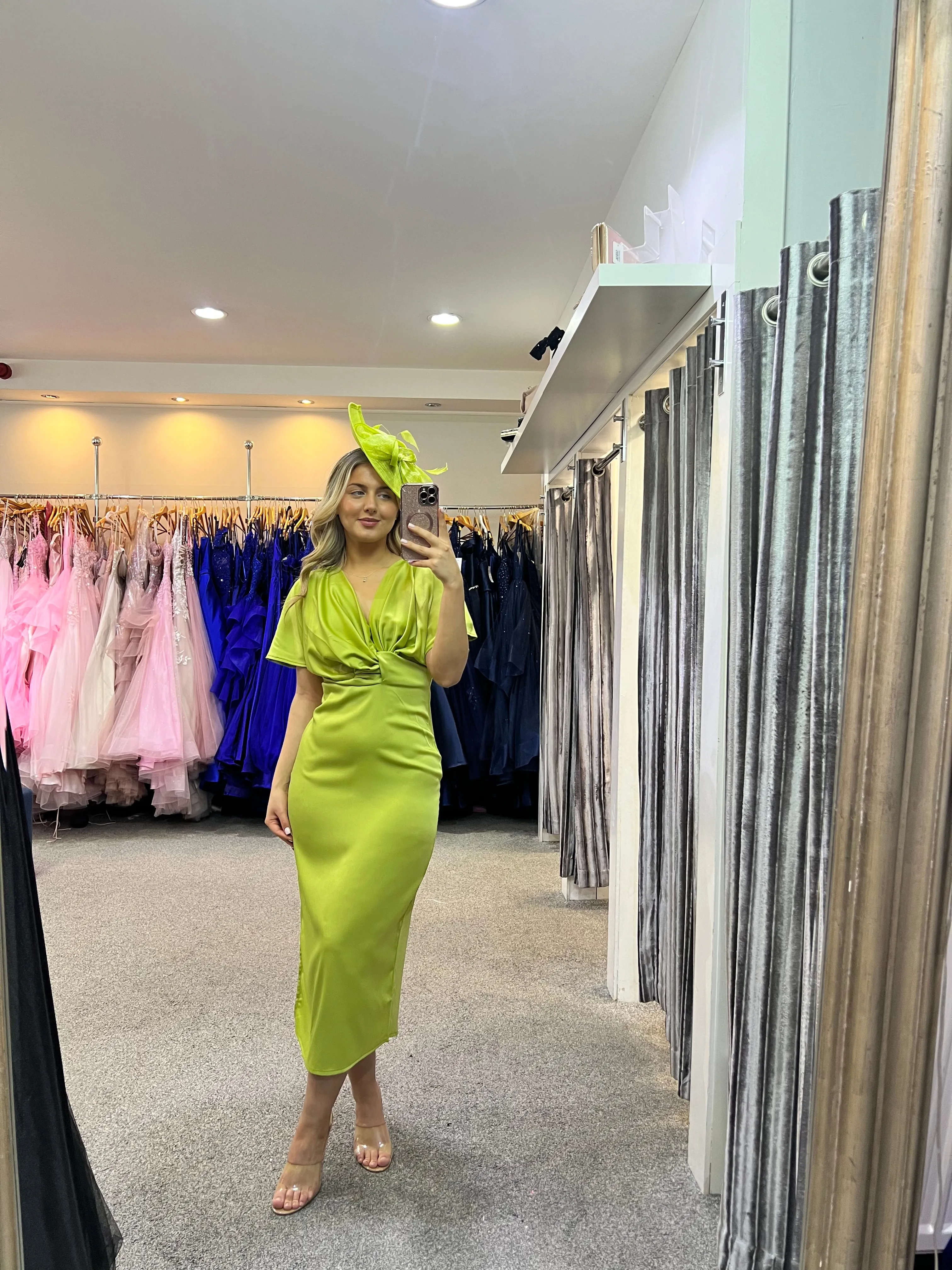 Angel sleeve satin twist midi dress in lime green