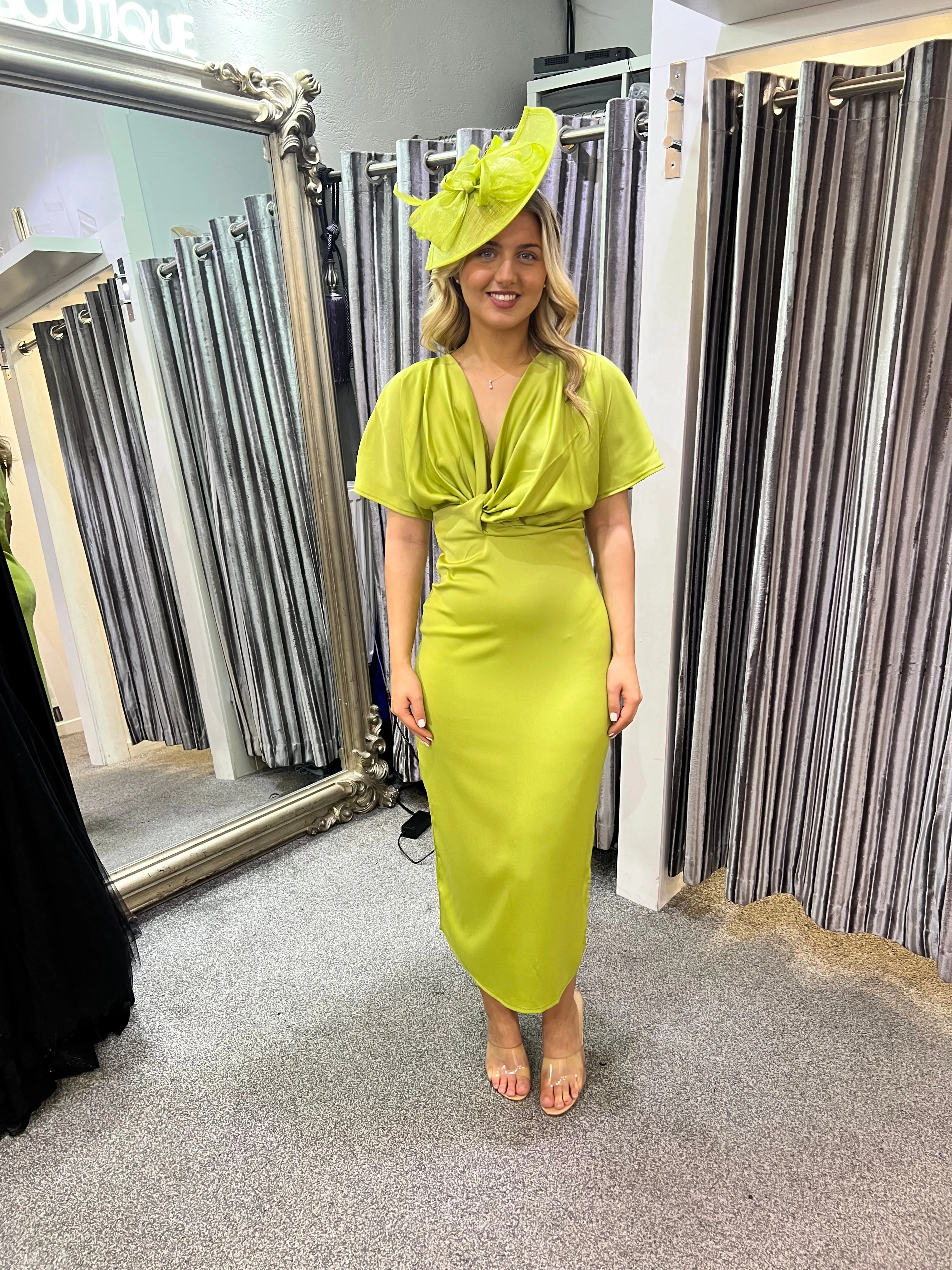 Angel sleeve satin twist midi dress in lime green