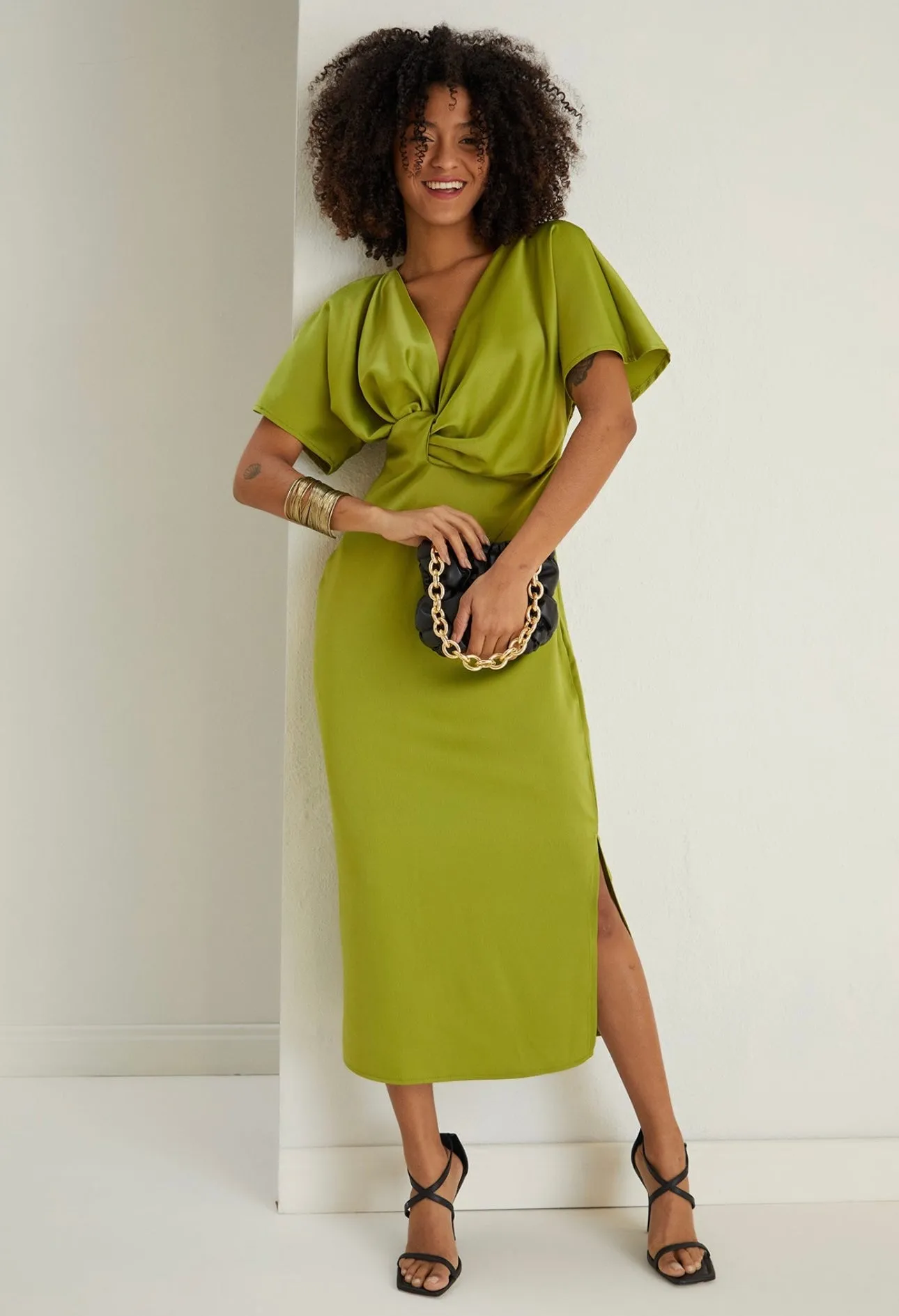 Angel sleeve satin twist midi dress in lime green