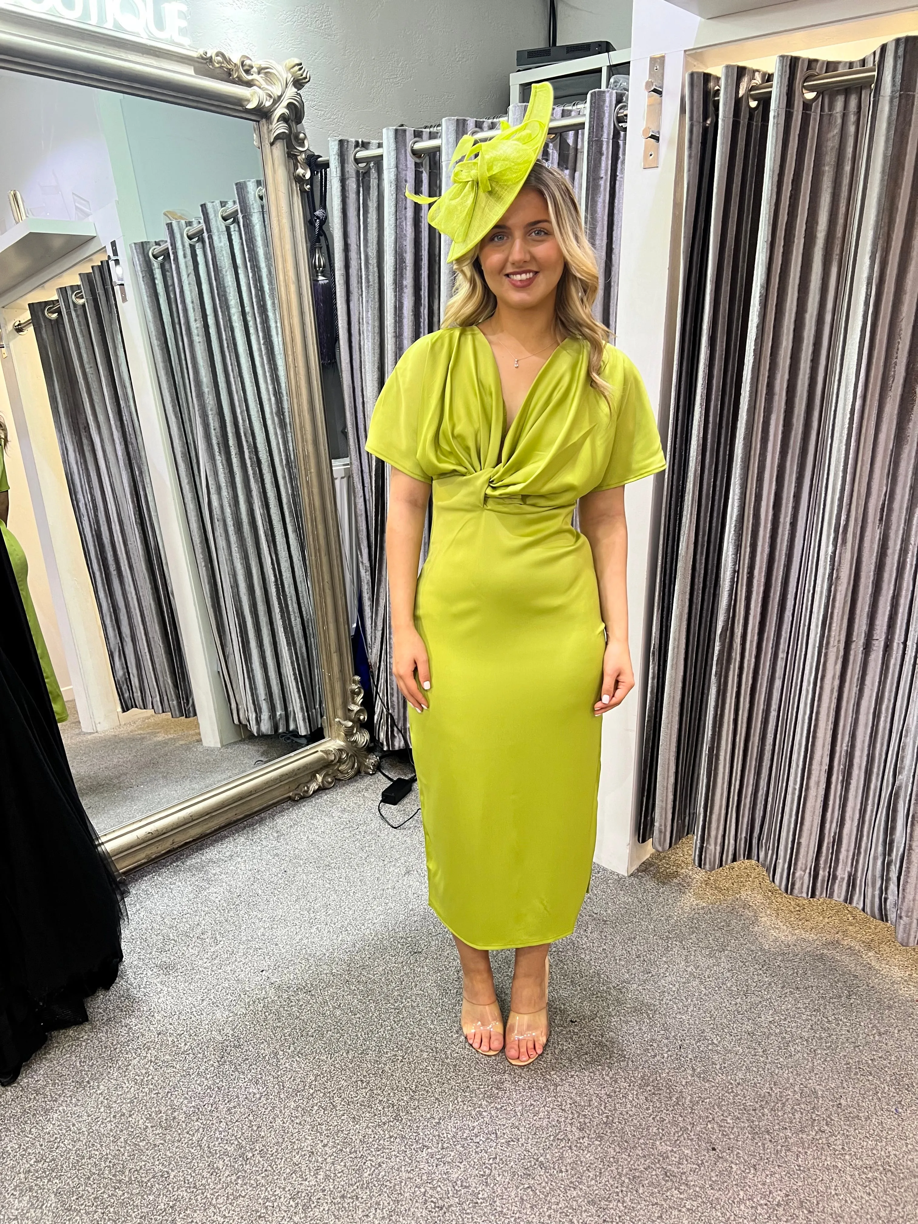 Angel sleeve satin twist midi dress in lime green