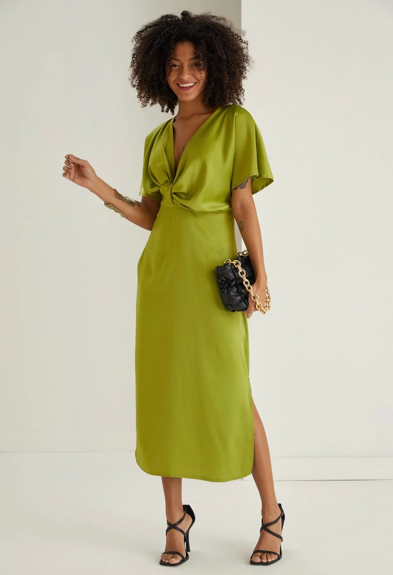 Angel sleeve satin twist midi dress in lime green