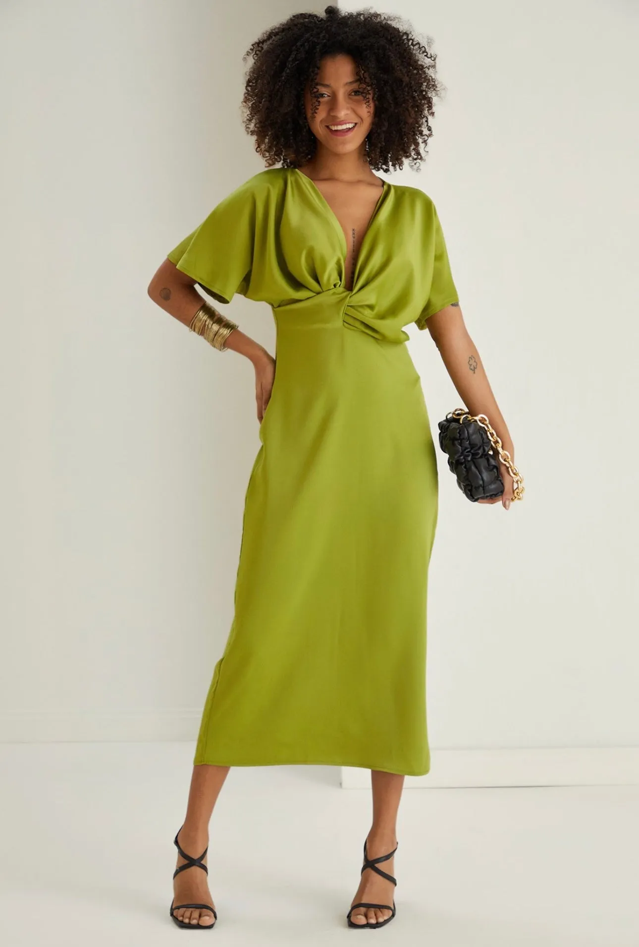 Angel sleeve satin twist midi dress in lime green