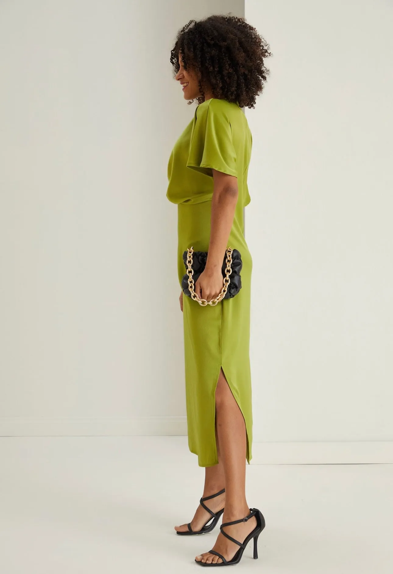 Angel sleeve satin twist midi dress in lime green