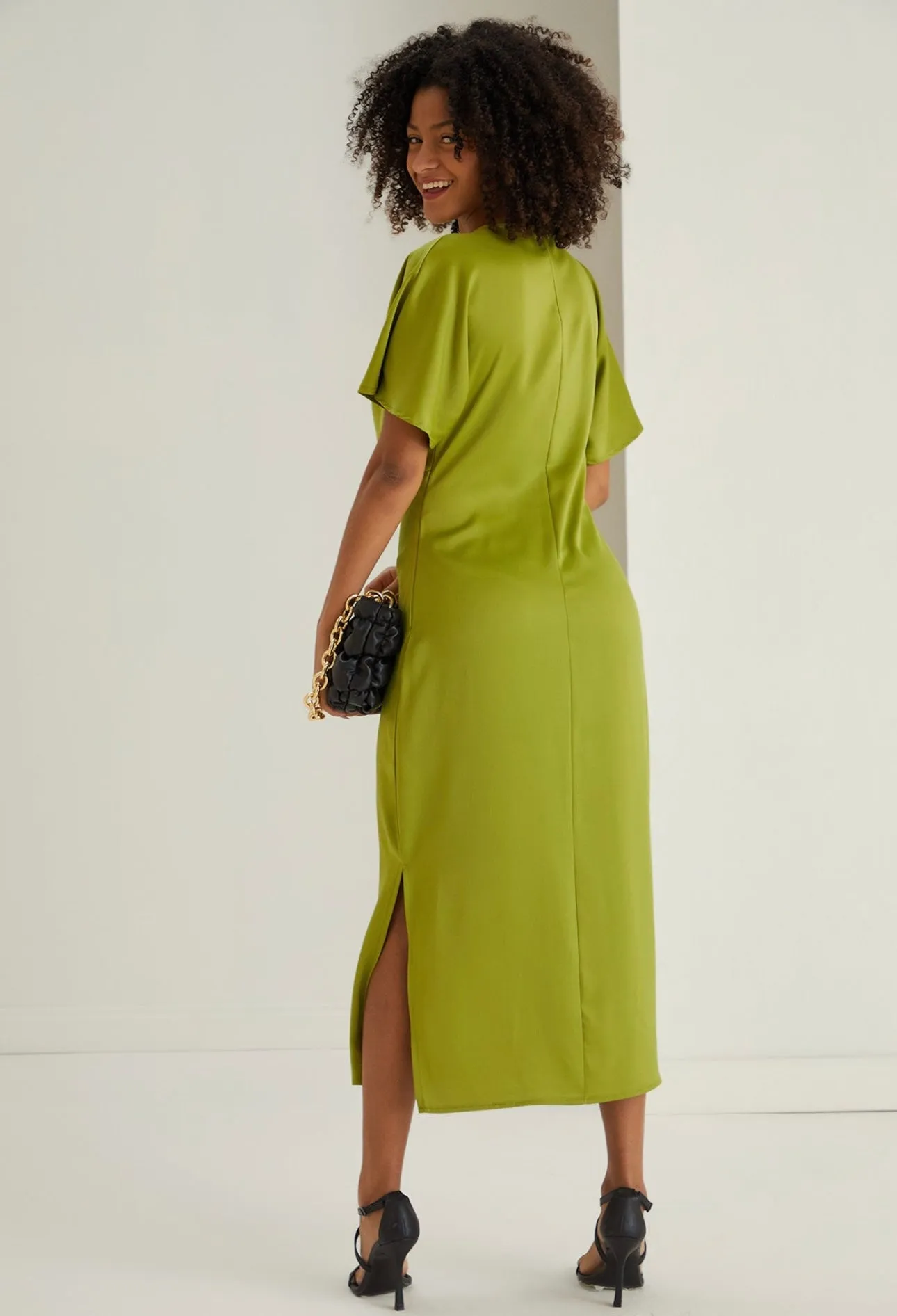 Angel sleeve satin twist midi dress in lime green