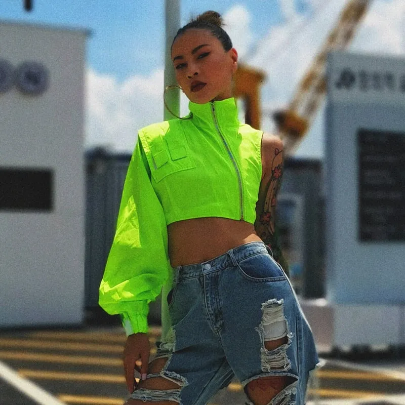 Asymmetrical Short Tops For Women Stand Collar Long Sleeve Casual Streetwear Jackets Female Fashion Clothing