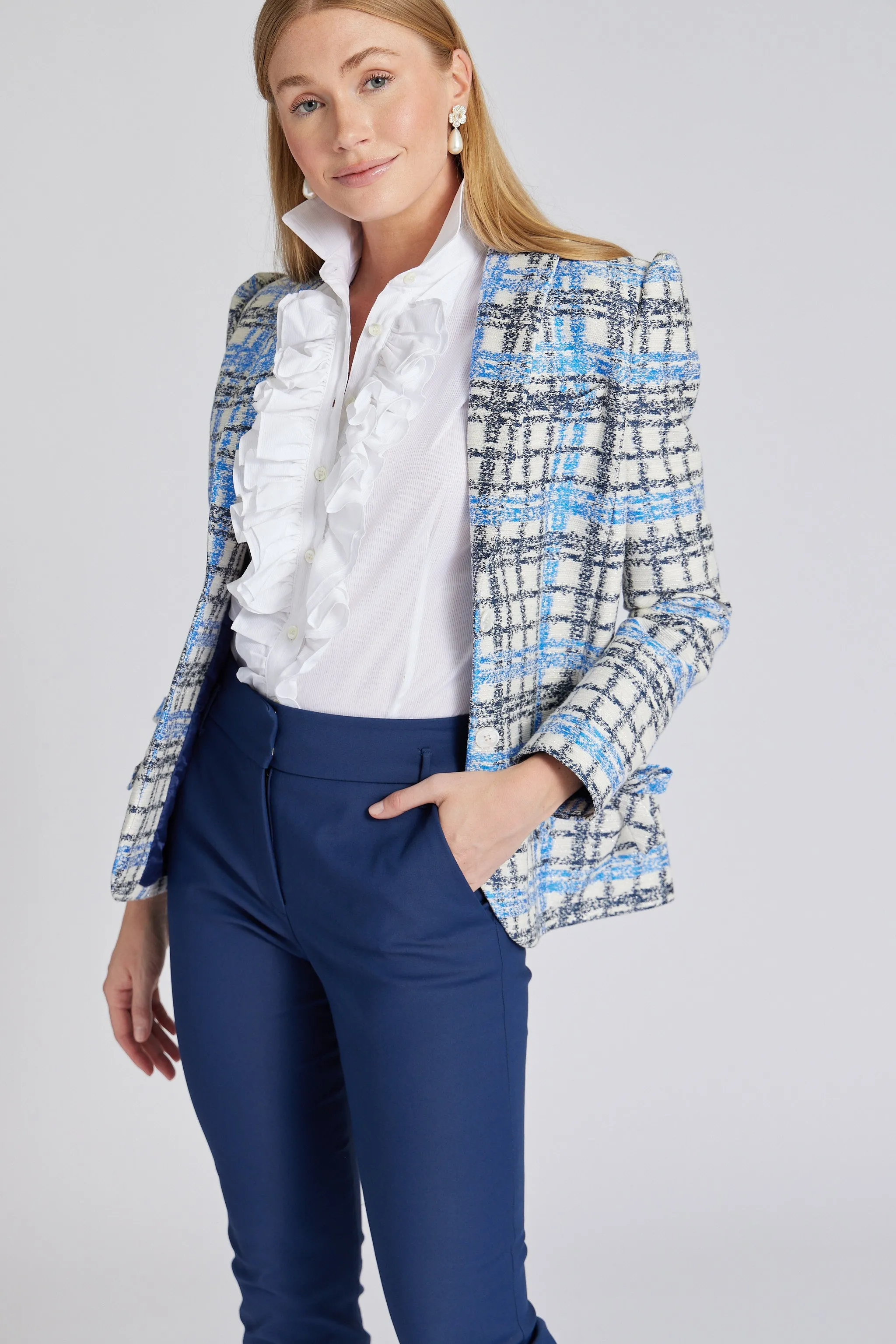 Barbara Blazer in Blue Plaid with Metallic