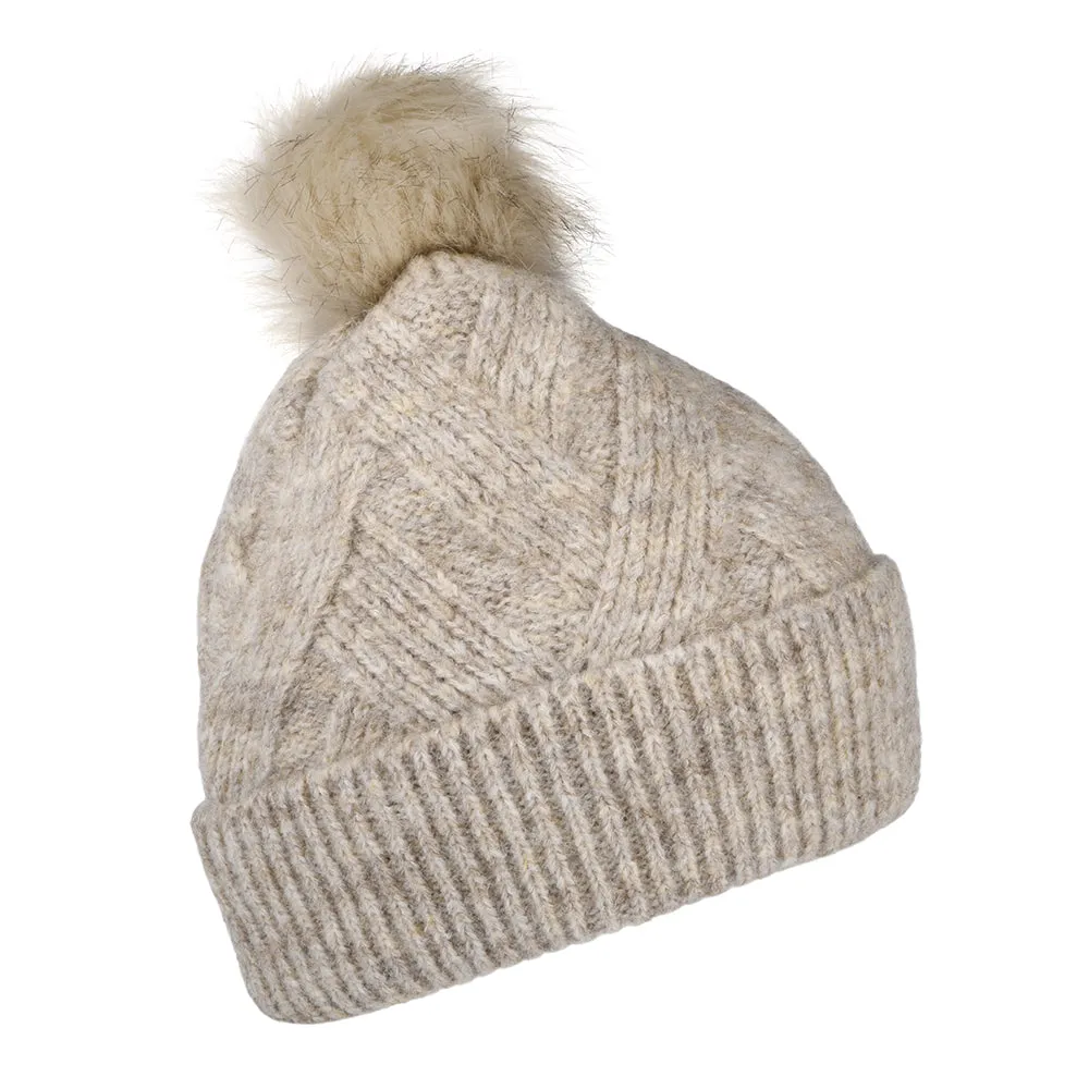 Barbour Hats Dace Cable Knit Faux Fur Pom Bobble Hat - Sand