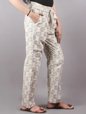 Beige Bagru Hand Block Printed Elasticated Waist Trousers- T0317035