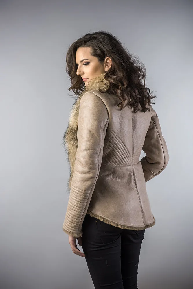 Beige Merino Shearling Jacket with Racoon Fur Collar