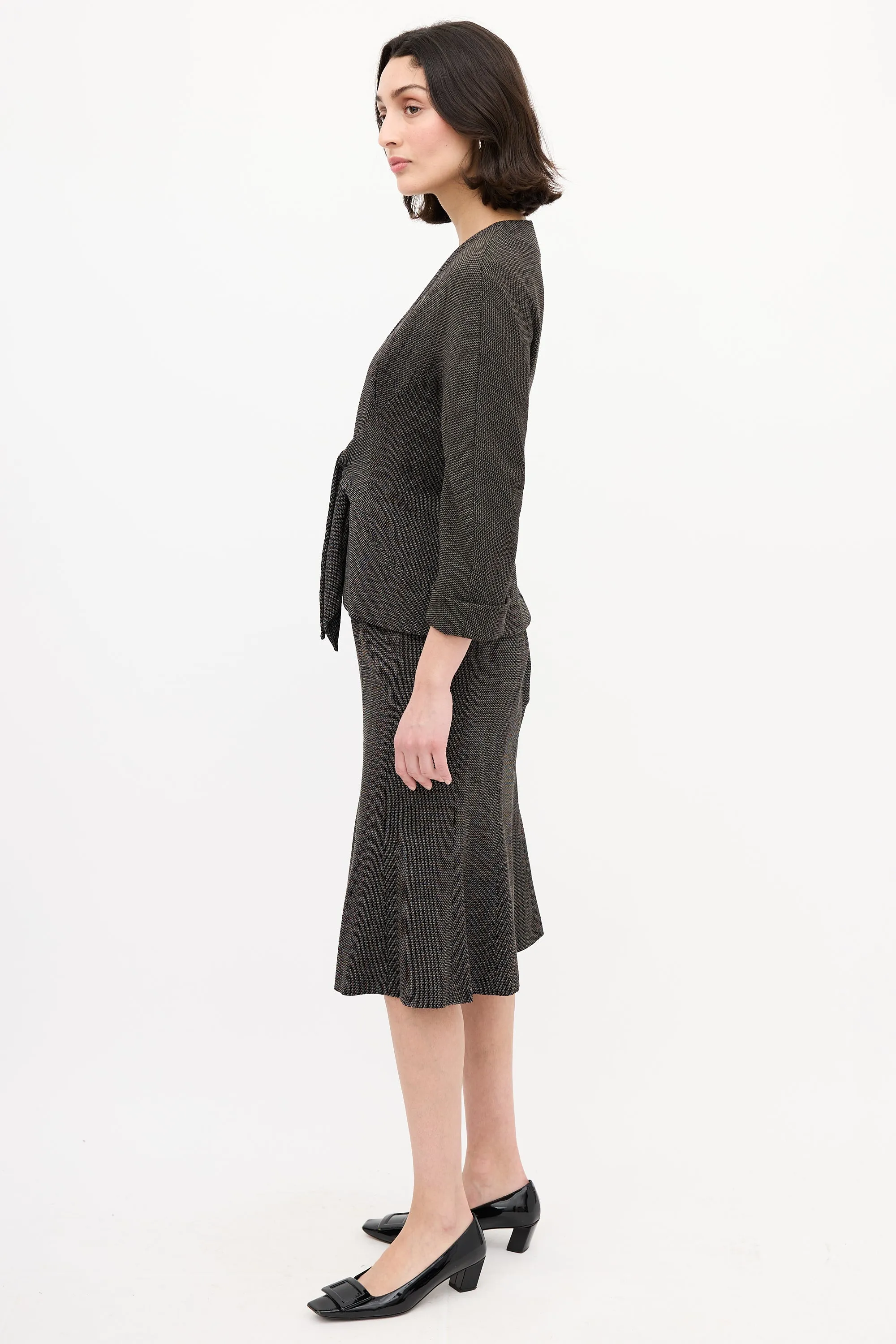 Black & Brown Wool Woven Tie Front Skirt Suit