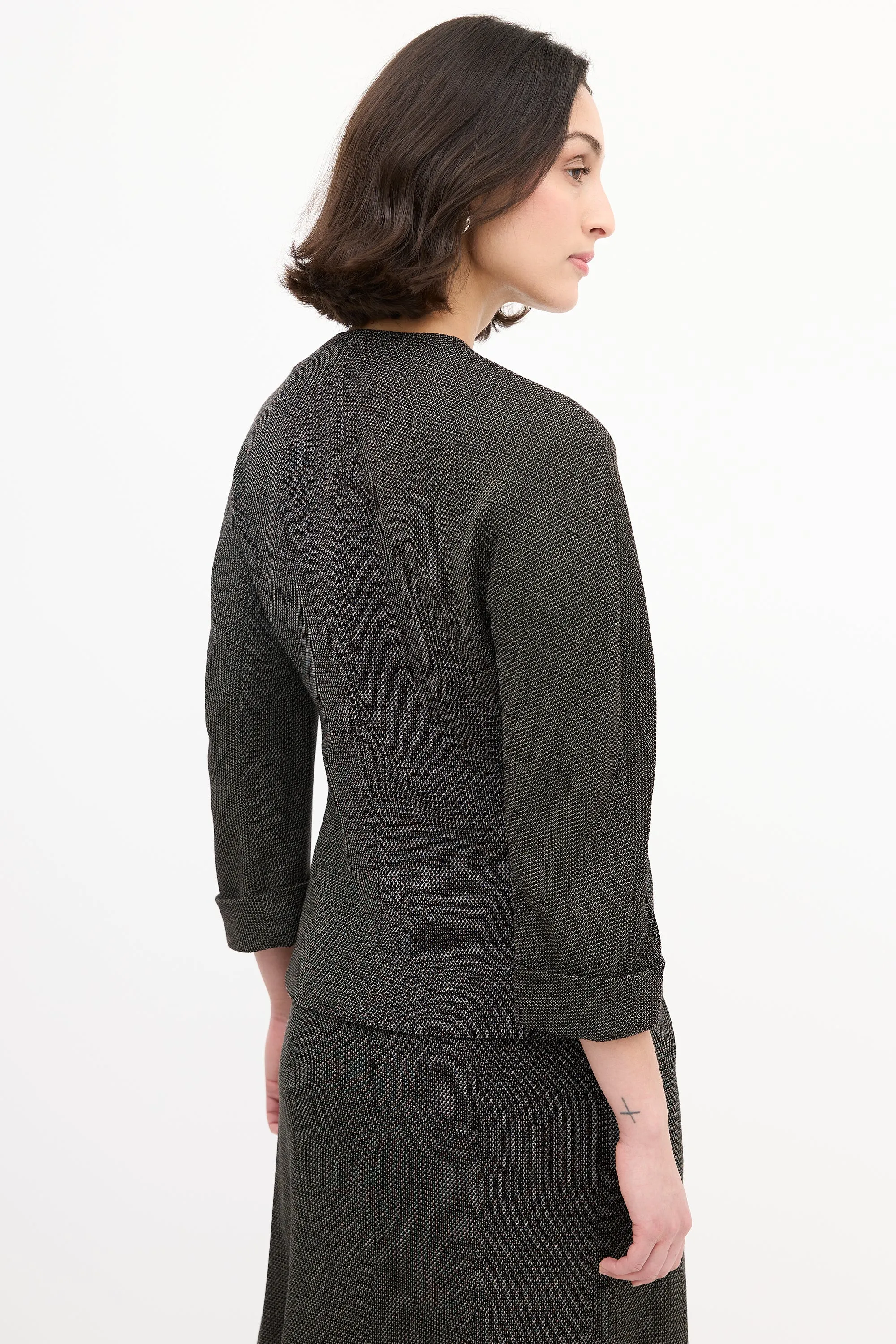 Black & Brown Wool Woven Tie Front Skirt Suit