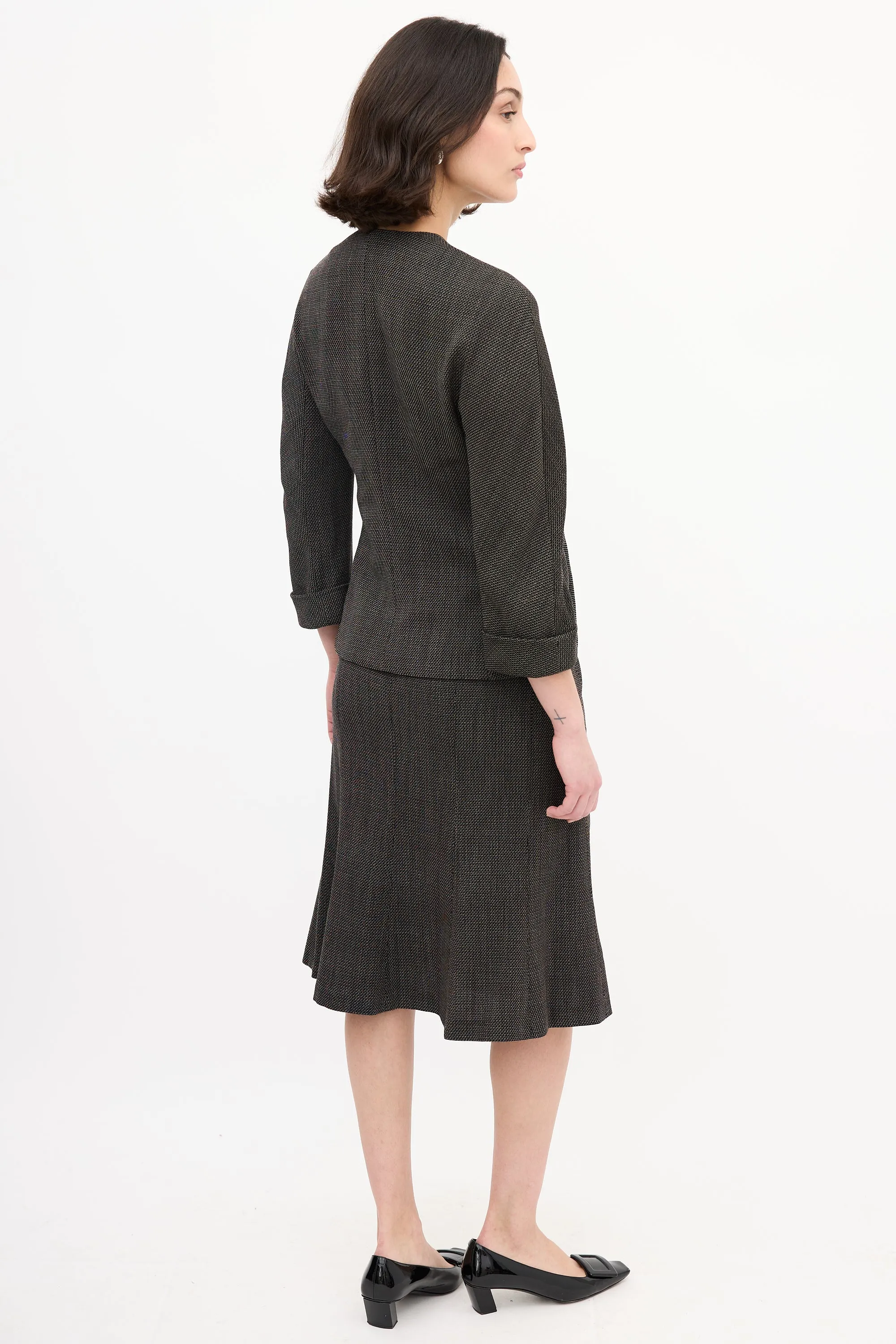 Black & Brown Wool Woven Tie Front Skirt Suit