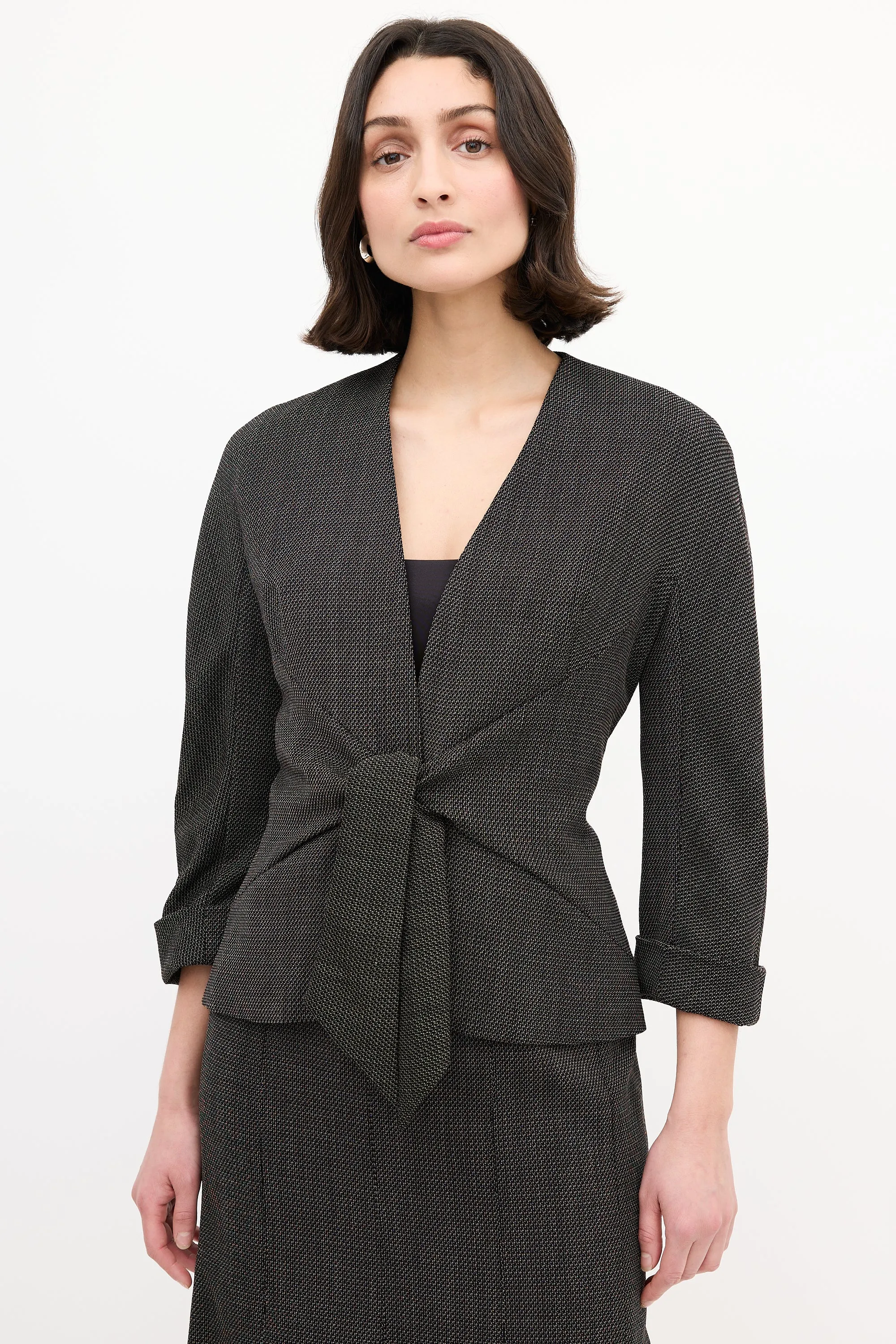 Black & Brown Wool Woven Tie Front Skirt Suit