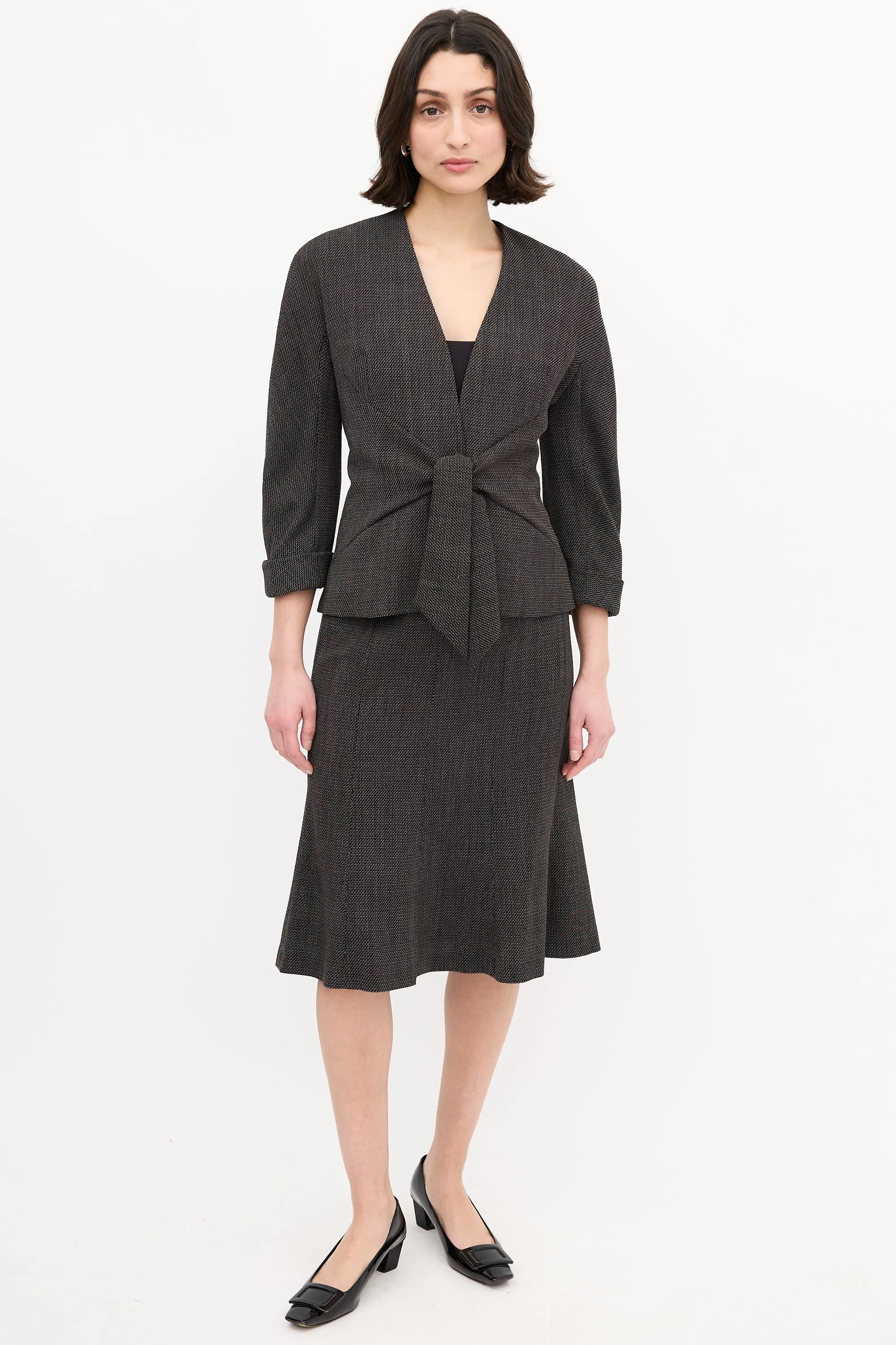 Black & Brown Wool Woven Tie Front Skirt Suit