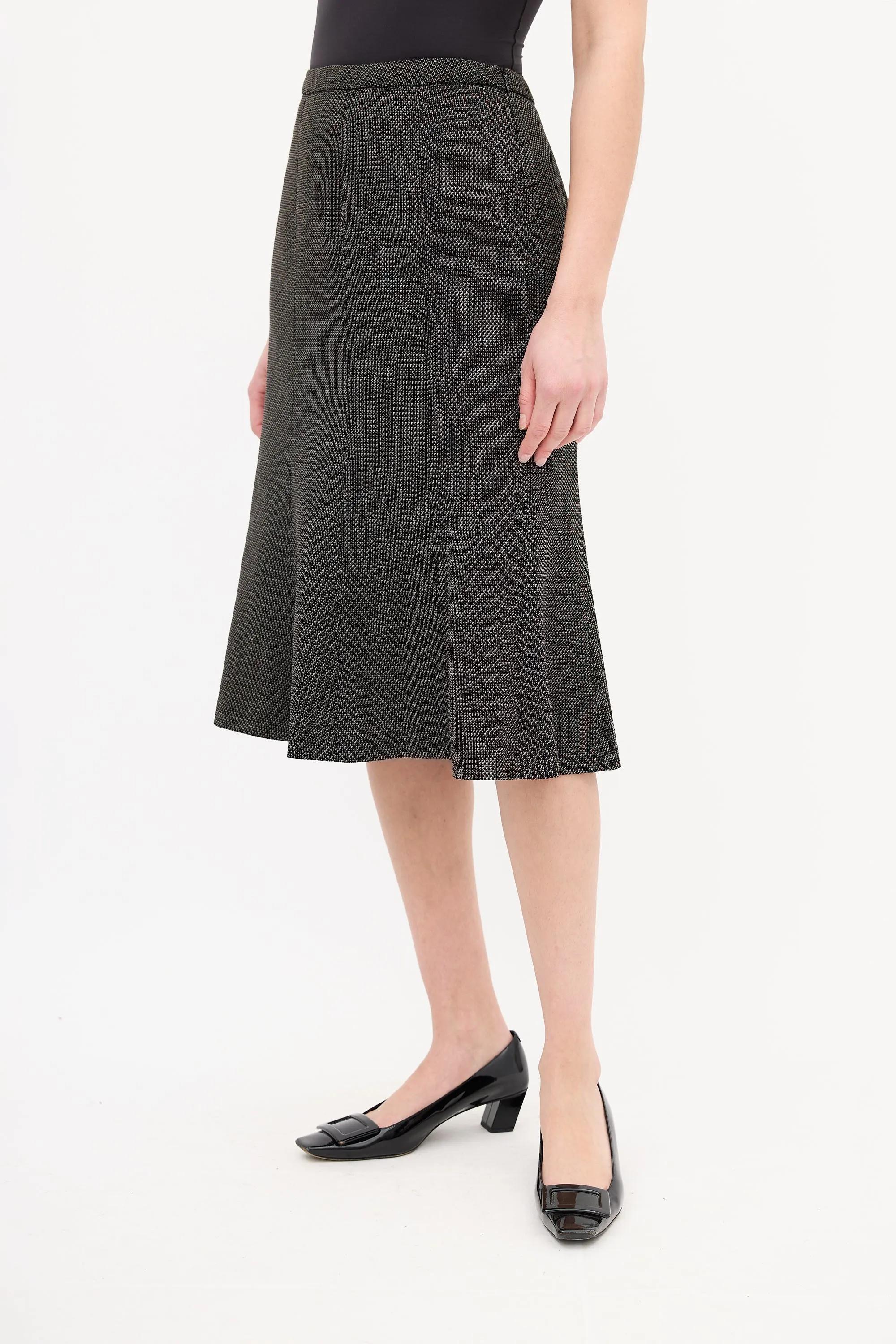 Black & Brown Wool Woven Tie Front Skirt Suit