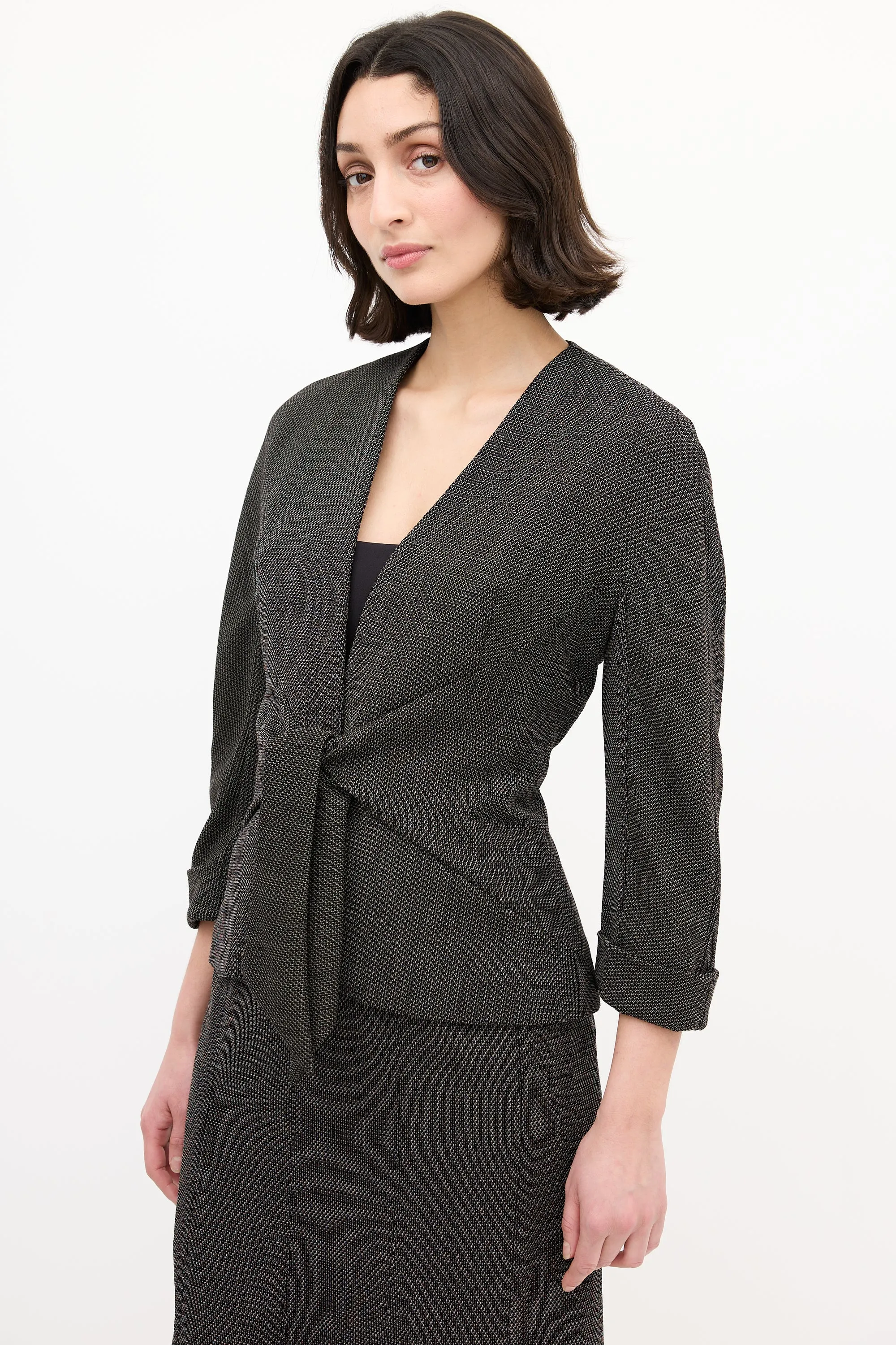 Black & Brown Wool Woven Tie Front Skirt Suit