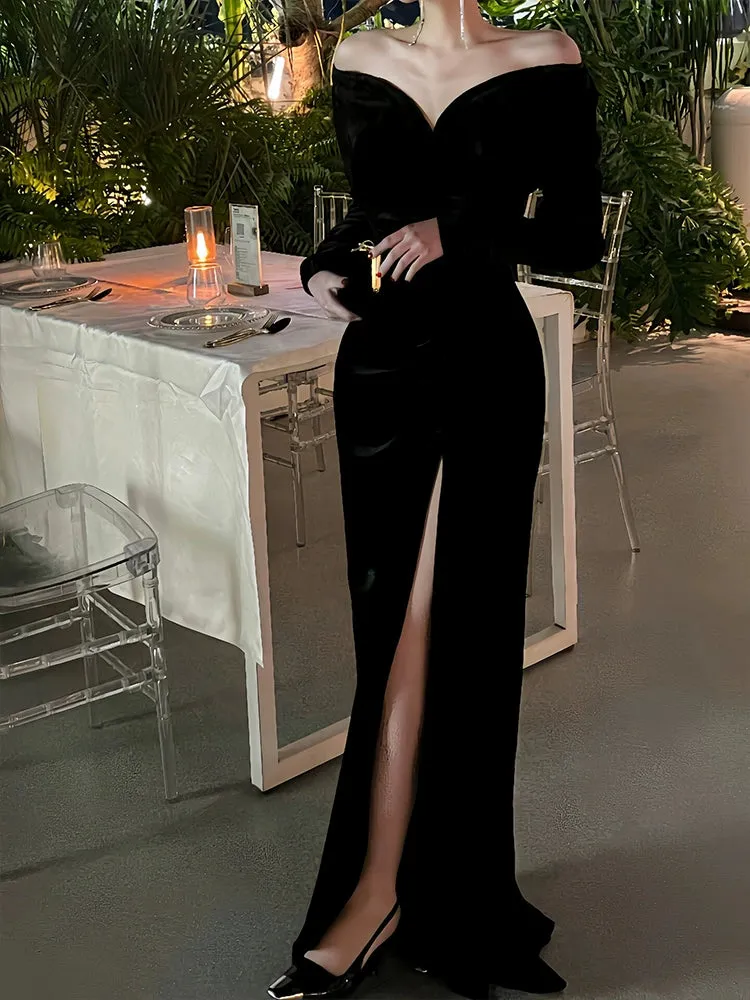 Black evening gown luxury off-shoulder velvet dress       S5819