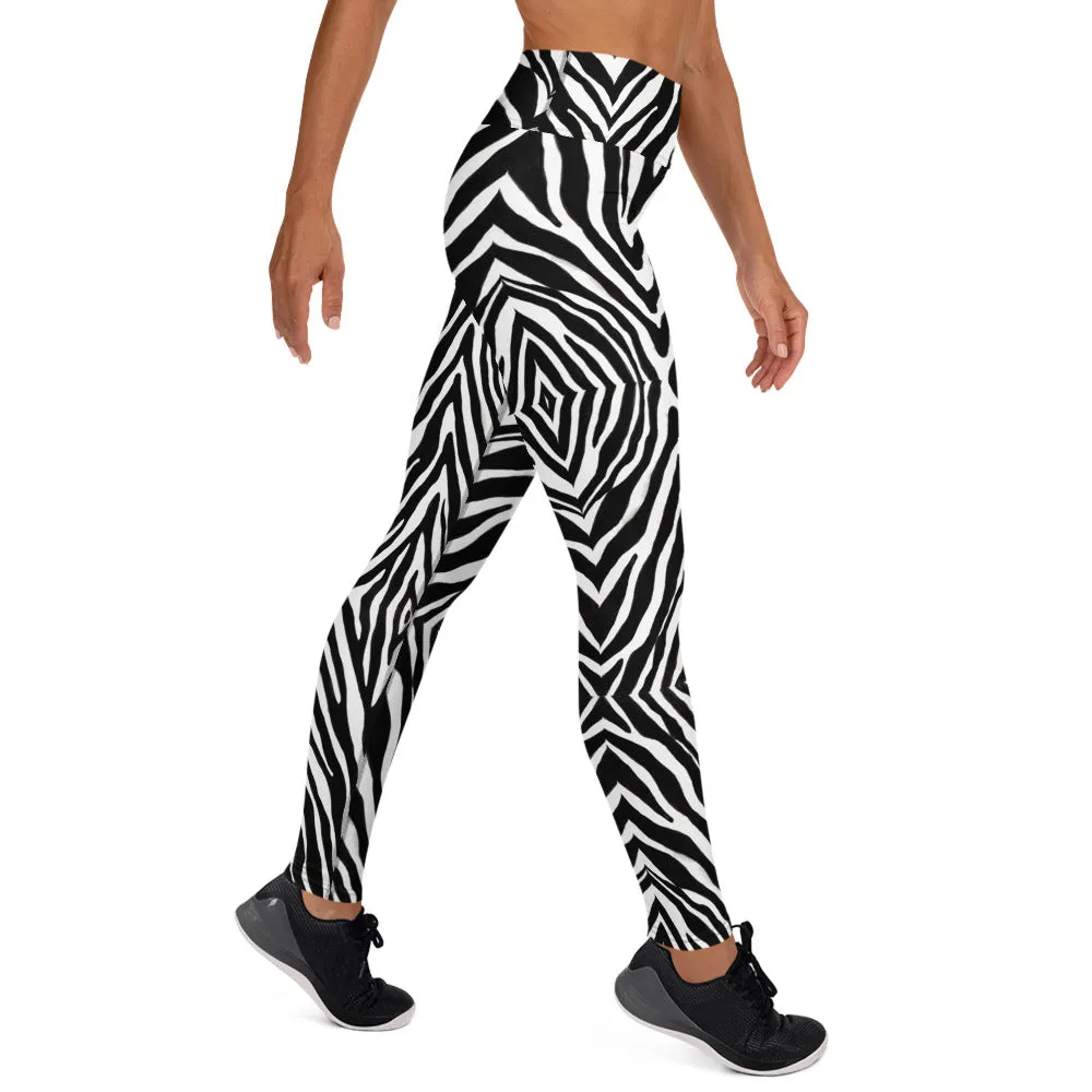 Black Zebra Print Yoga Leggings, Zebra Animal Print Best Women's Active Wear Sports Long Yoga Pants-Made in USA/EU/MX