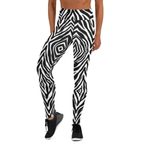 Black Zebra Print Yoga Leggings, Zebra Animal Print Best Women's Active Wear Sports Long Yoga Pants-Made in USA/EU/MX