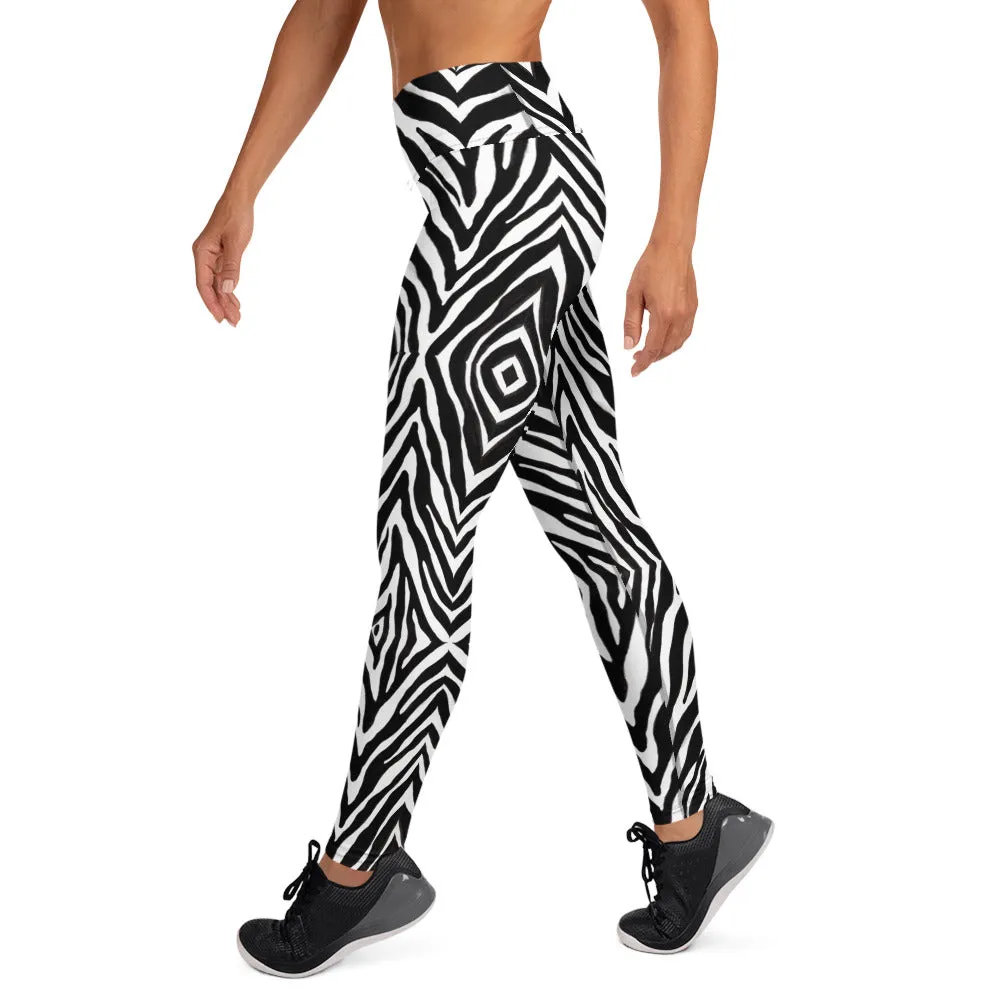 Black Zebra Print Yoga Leggings, Zebra Animal Print Best Women's Active Wear Sports Long Yoga Pants-Made in USA/EU/MX