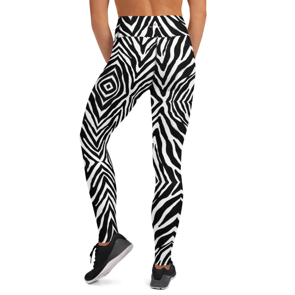 Black Zebra Print Yoga Leggings, Zebra Animal Print Best Women's Active Wear Sports Long Yoga Pants-Made in USA/EU/MX