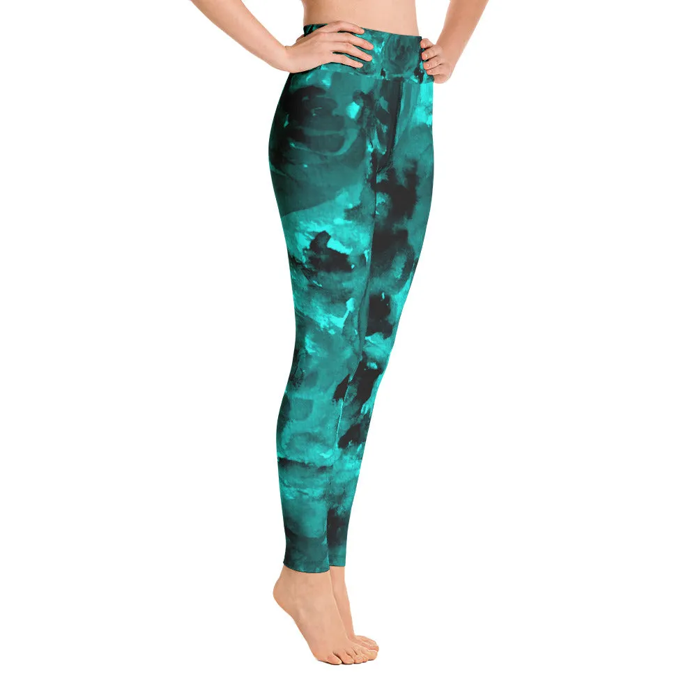 Blue Rose Women's Yoga Pants, Floral Print Premium Fitted Gym Leggings-Made in USA/EU