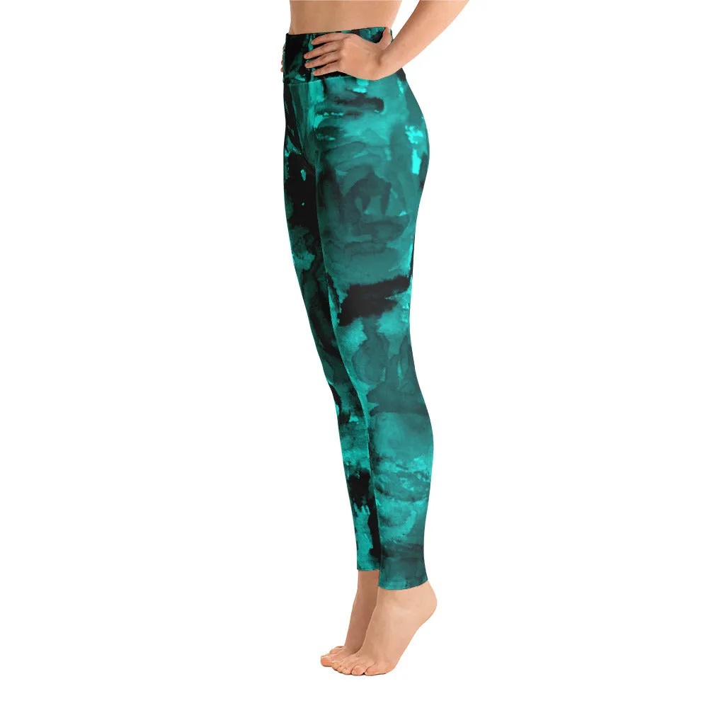 Blue Rose Women's Yoga Pants, Floral Print Premium Fitted Gym Leggings-Made in USA/EU