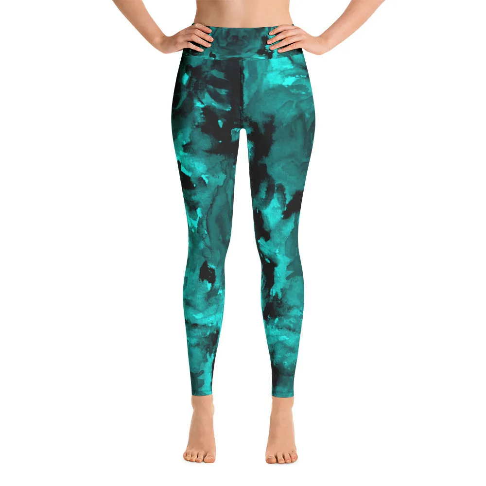 Blue Rose Women's Yoga Pants, Floral Print Premium Fitted Gym Leggings-Made in USA/EU