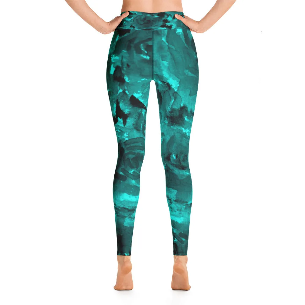 Blue Rose Women's Yoga Pants, Floral Print Premium Fitted Gym Leggings-Made in USA/EU