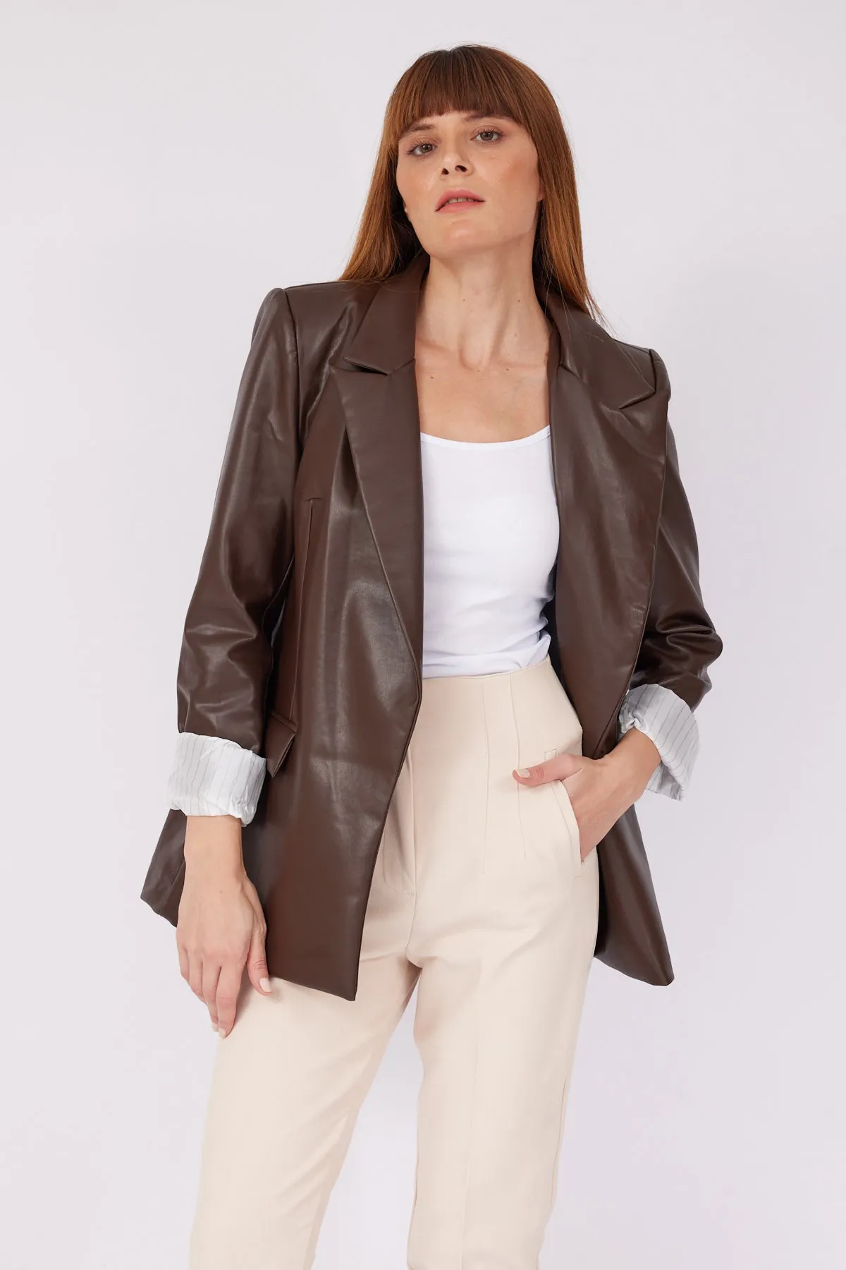 BROWN FOLDED ARM LEATHER JACKET