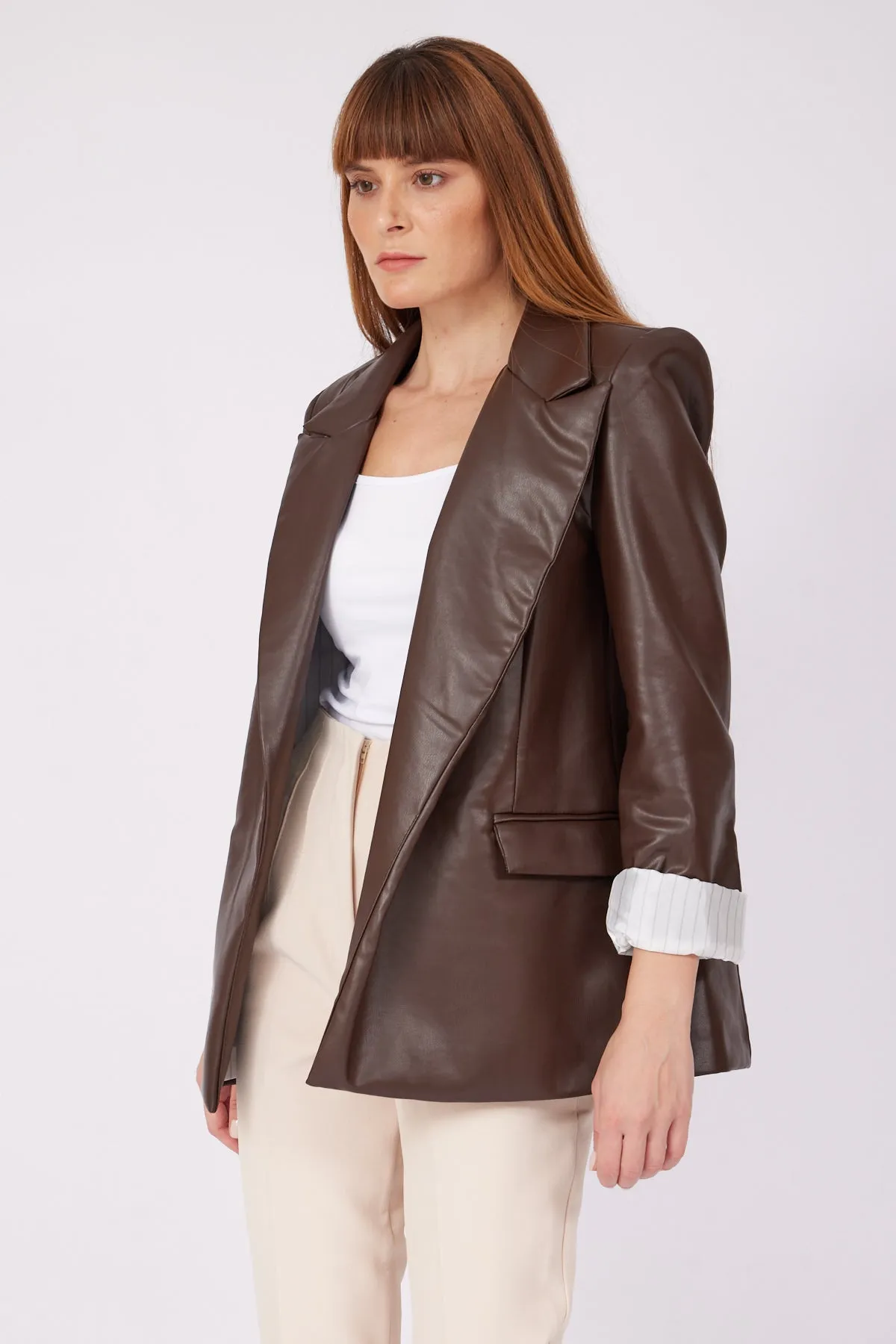 BROWN FOLDED ARM LEATHER JACKET