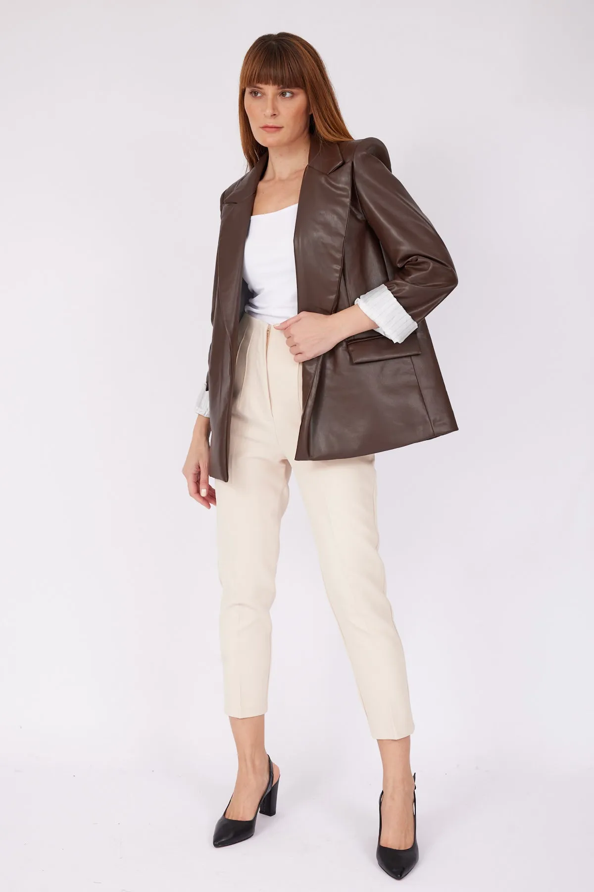 BROWN FOLDED ARM LEATHER JACKET