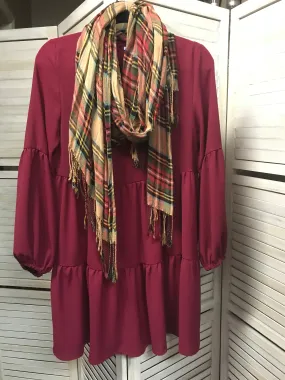 Burgundy Babydoll Dress W/ Scarf- S