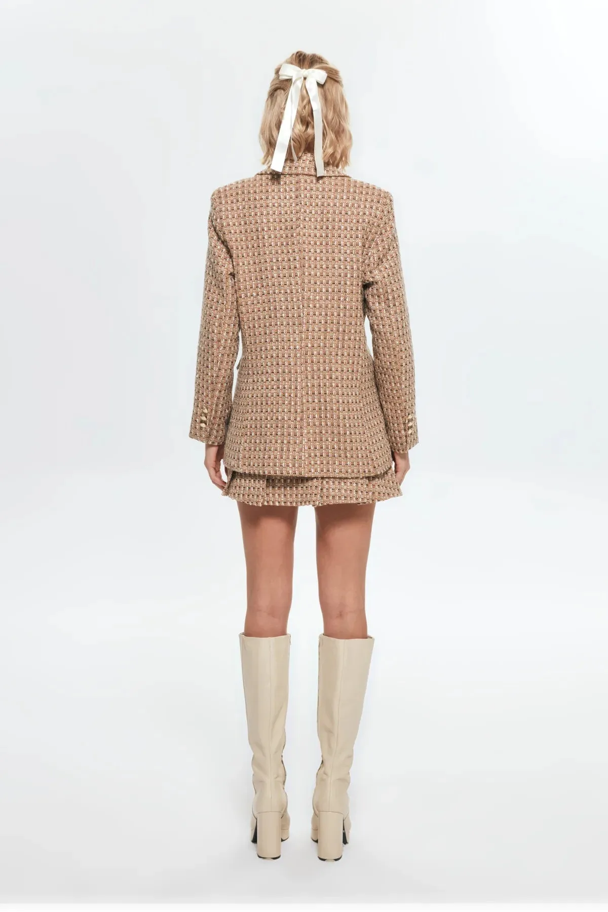 Button Detailed Tweed Blazer Jacket Brown