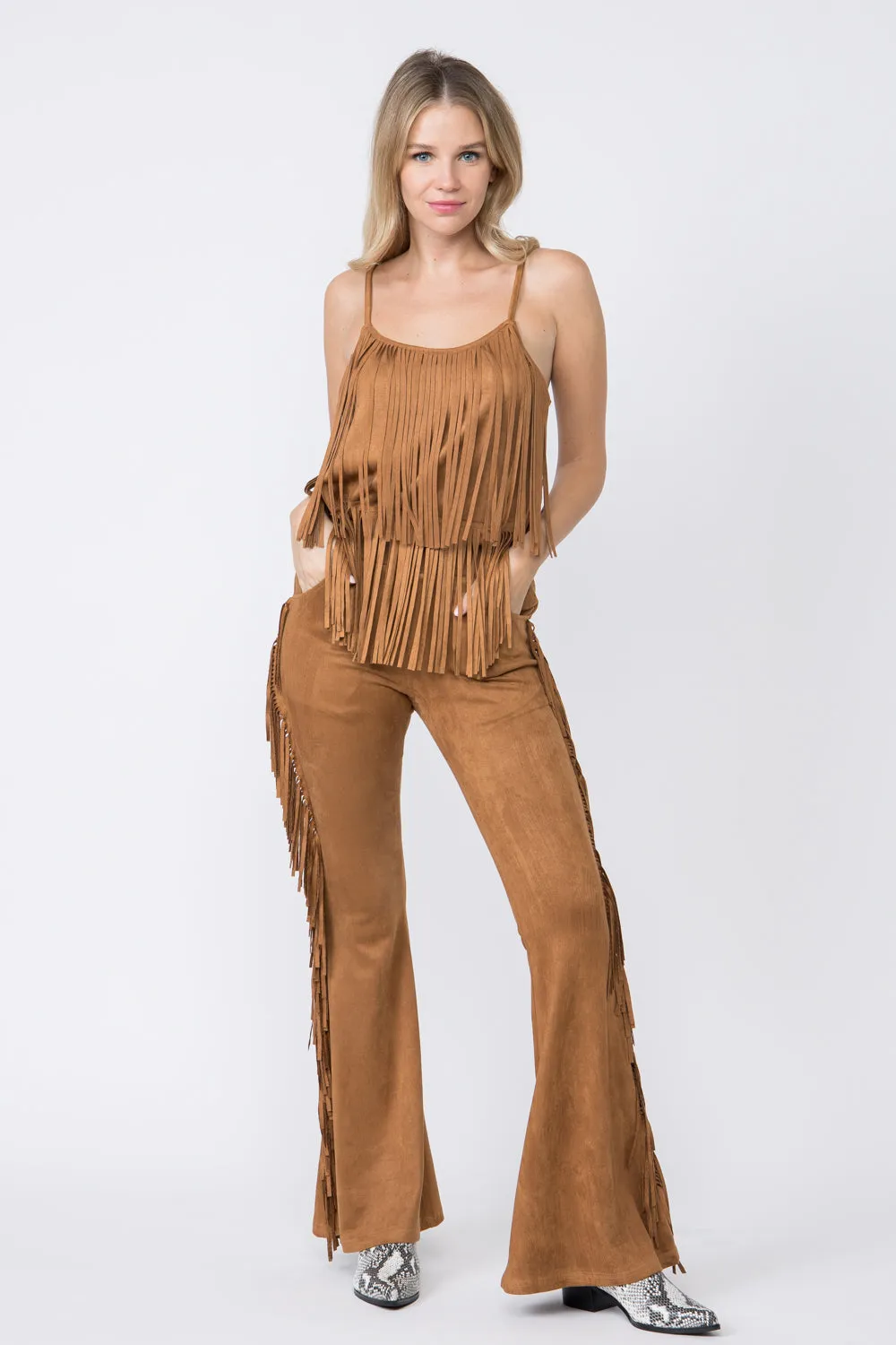 Camel Suede Bell Bottom Pants with Fringe Detail