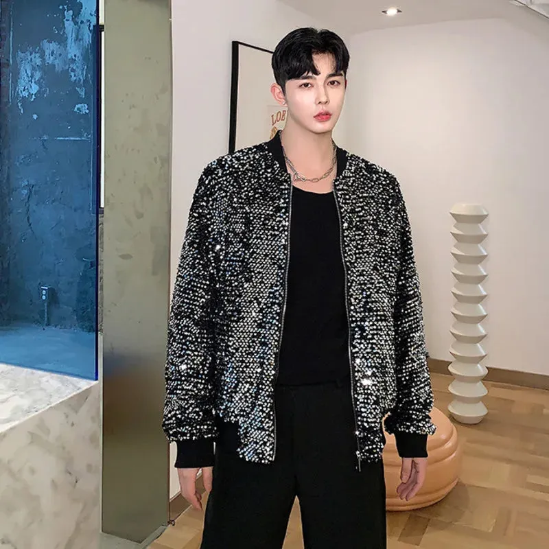 Casual Sequin men coat long sleeve lapel jacket korean fashion long sleeve zipper temperament male tops