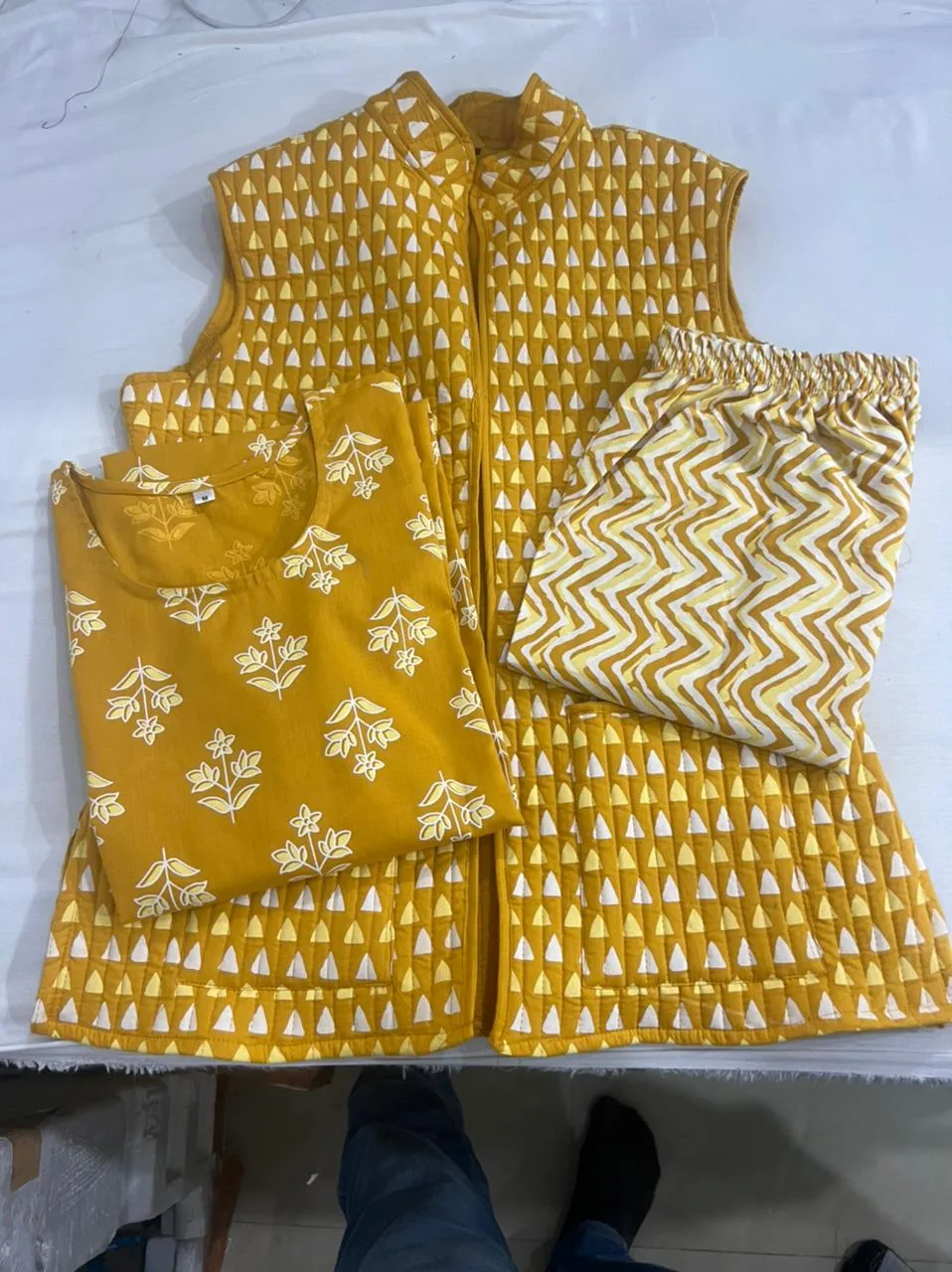 Cotton Kurti Pant Set with Quilted Cotton Jacket