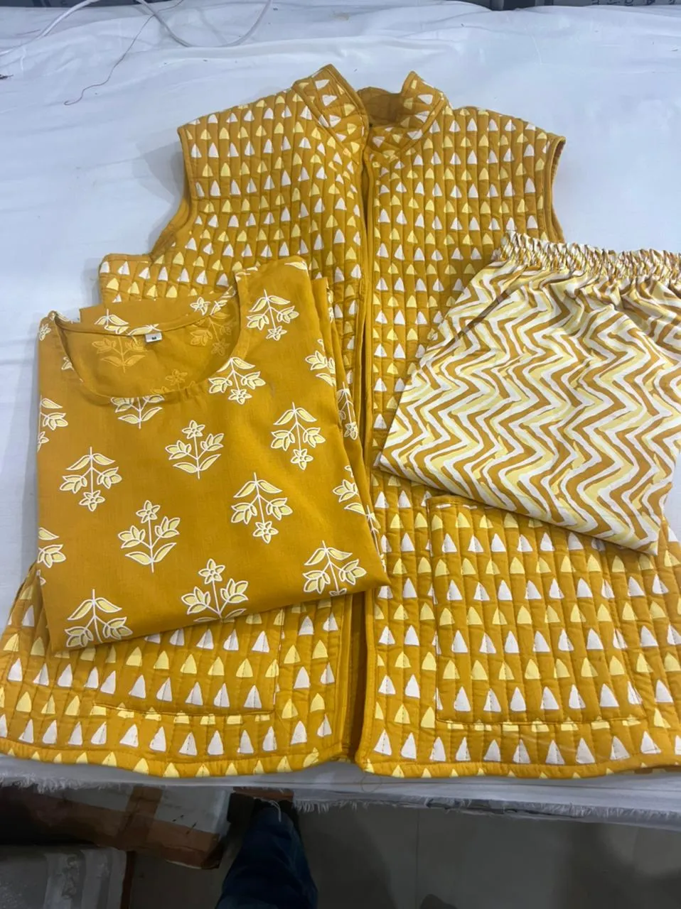 Cotton Kurti Pant Set with Quilted Cotton Jacket