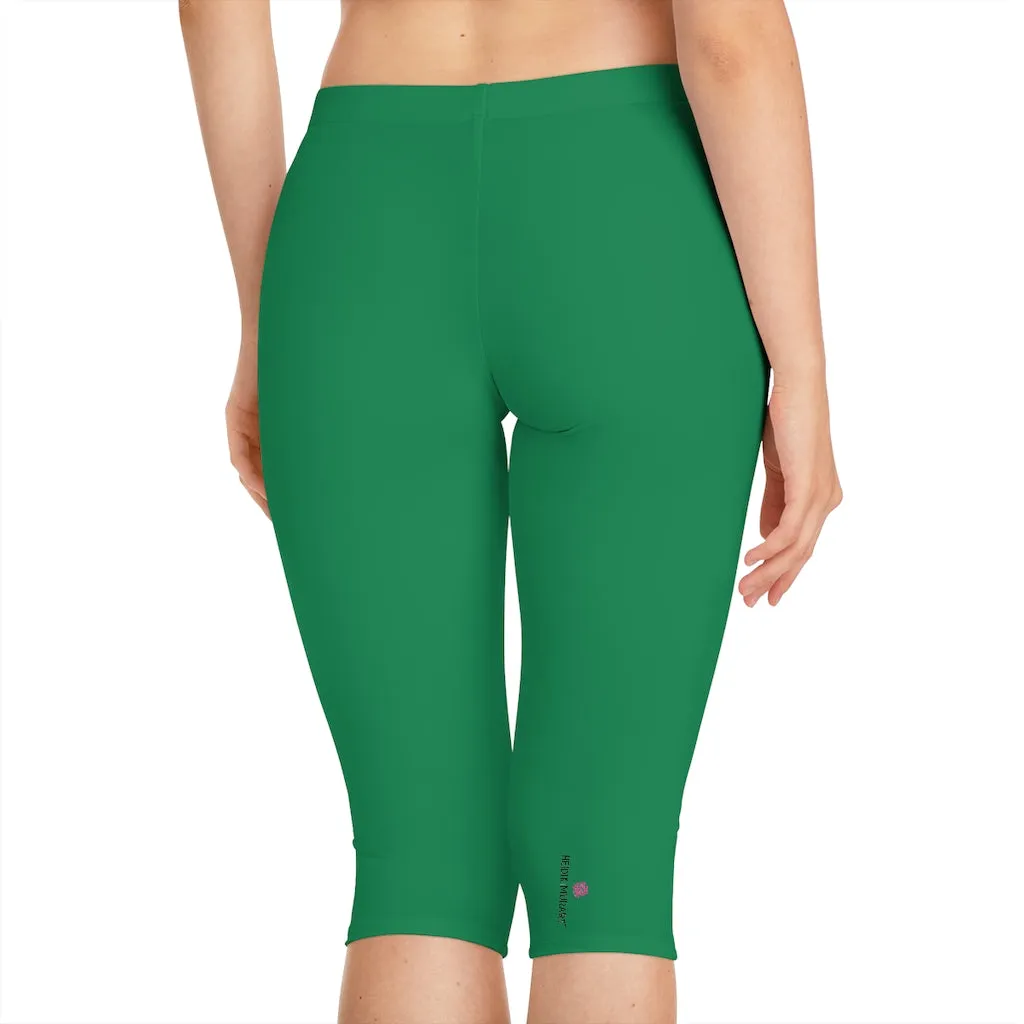 Dark Green Women's Capri Leggings, Knee-Length Polyester Capris Tights-Made in USA (US Size: XS-2XL)