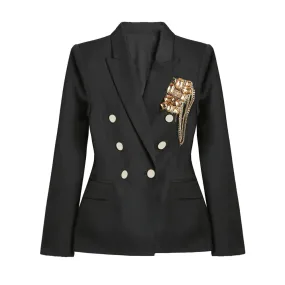 Diamonds Black Blazer For Women Notched Collar Long Sleeve Solid High Street Blazers Female Clothes Autumn