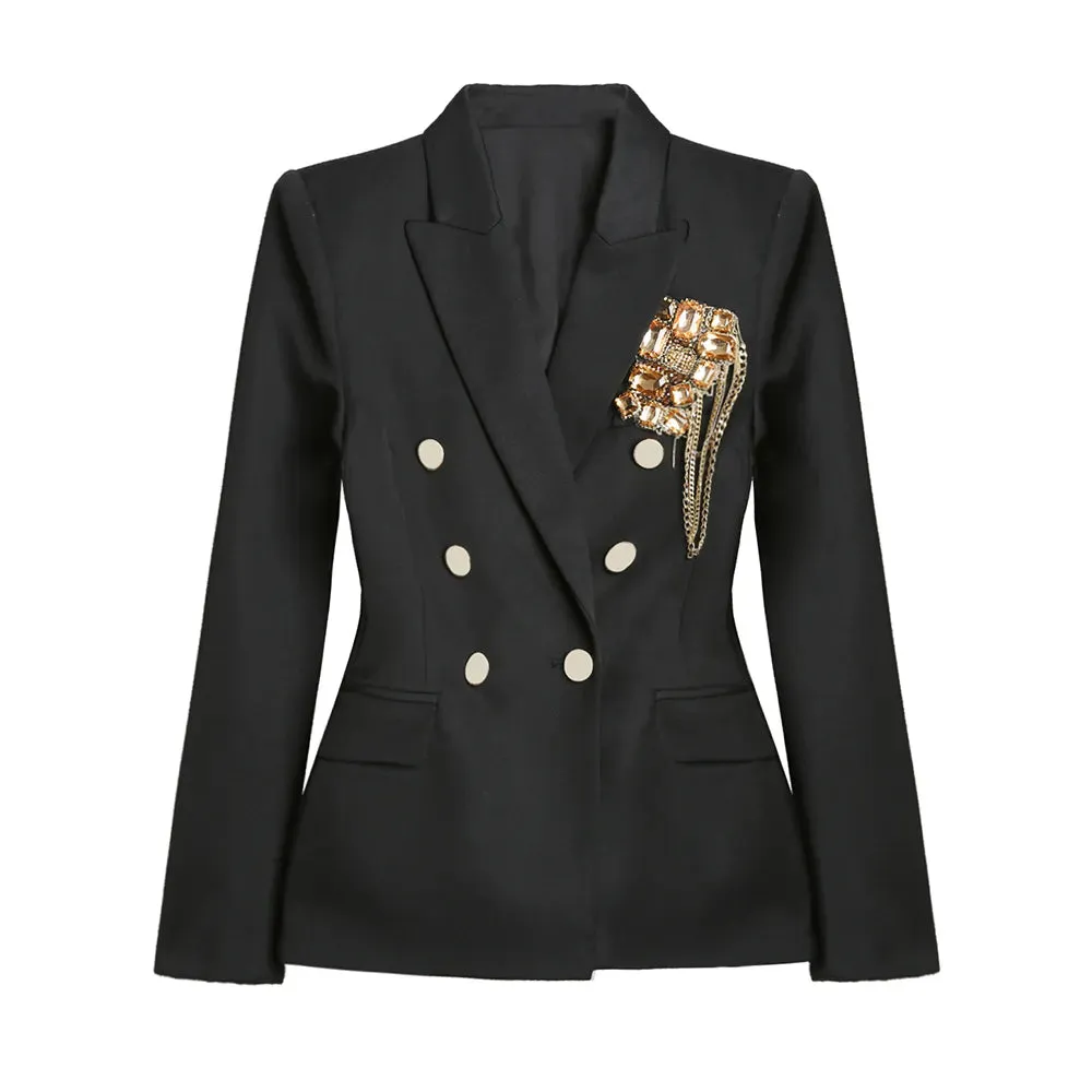 Diamonds Black Blazer For Women Notched Collar Long Sleeve Solid High Street Blazers Female Clothes Autumn