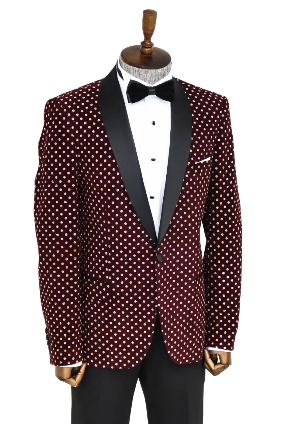 Dot Patterned Slim Fit Burgundy Men Dinner Jacket - Wessi