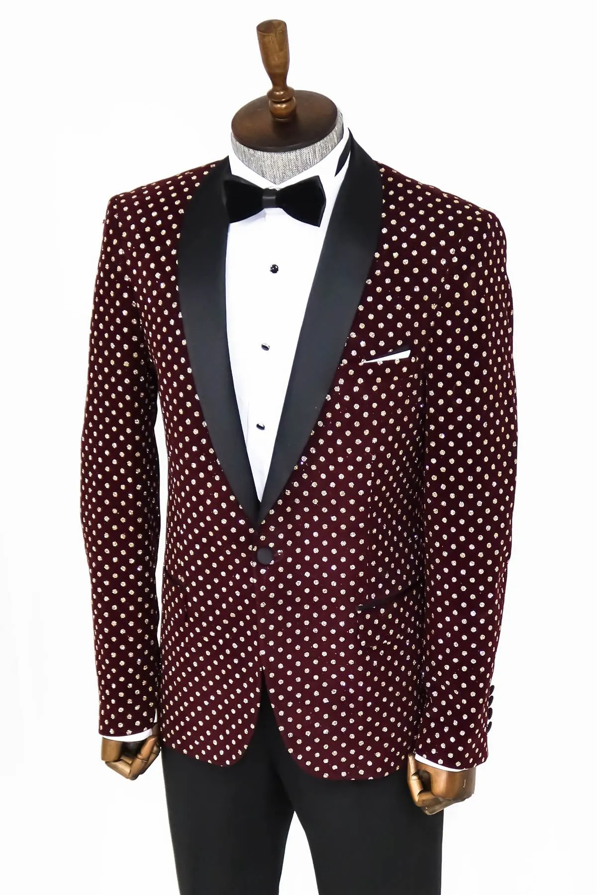 Dot Patterned Slim Fit Burgundy Men Dinner Jacket - Wessi