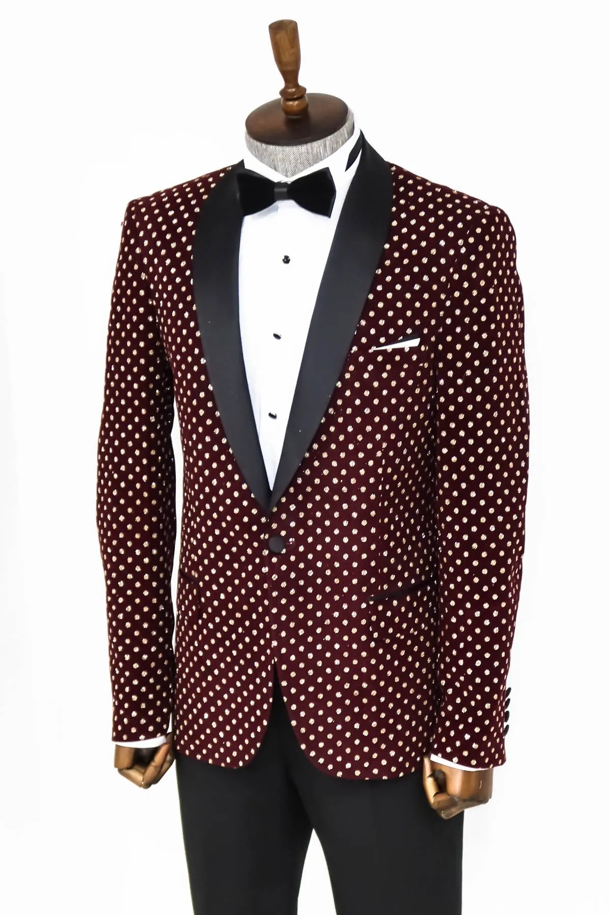 Dot Patterned Slim Fit Burgundy Men Dinner Jacket - Wessi