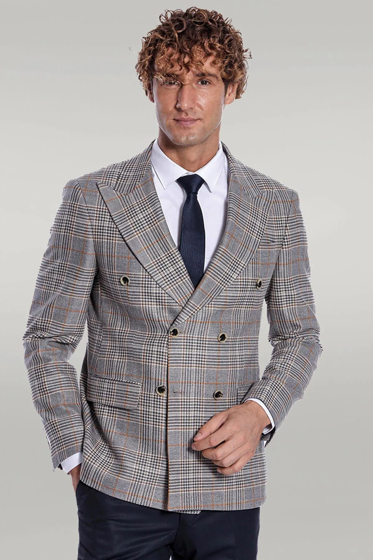 Double Breasted Checked Anthracite Men Blazer - Wessi